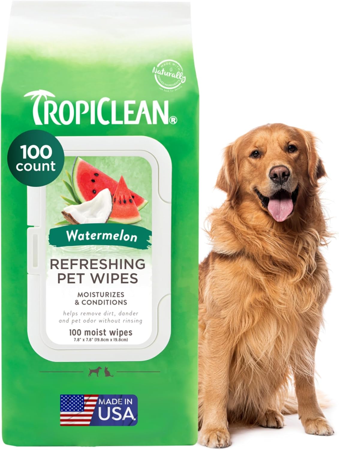 TropiClean Watermelon Dog Wipes for Paws and Bottom | Deep Cleaning Dog Grooming Wipes | Safe for The Face | Cat Friendly | 100 Count