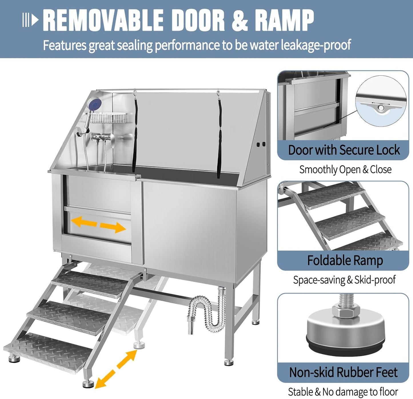 50" Pet Dog Bathing Station W/Ramp, Professional Stainless Steel Dog Grooming Tub W/Soap Box, Faucet,Rich Accessory, Dog Bathtub for Large,Medium,Small Pets, Washing Sink for Home (50" Left ramp)