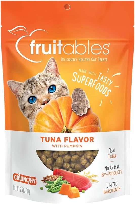 Fruitables Cat Treats, Healthy Treats For Cats, Low Calorie and Packed with Protein, Crunchy Biscuits, Free of Wheat, Corn and Soy, Made with Real Tuna and Pumpkin, 2.5oz