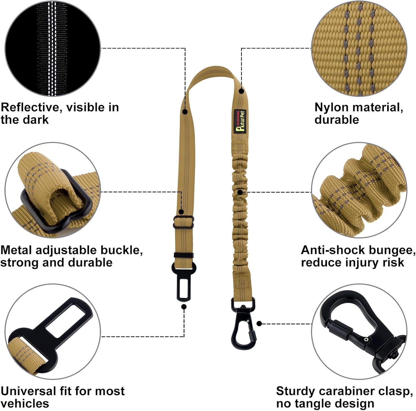 Plutus Pet Dog Seat Belt for Car, Adjustable Dog Car Harness with Carabiner Clip, Reflective Dog Seatbelt Leash with Elastic Bungee, Brown