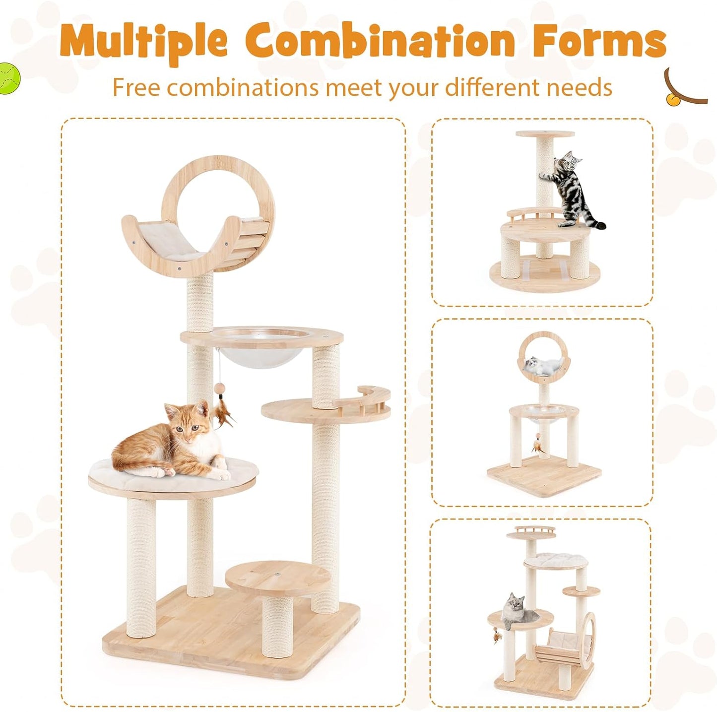 Tangkula Solid Wood Cat Tree, 4-in-1 Building Block Large Cat Tower with Space Capsule Nest, Scratching Posts, Padded Platform, Hanging Toy, Cat Tree Tower with 4 Transformations for Indoor Cats