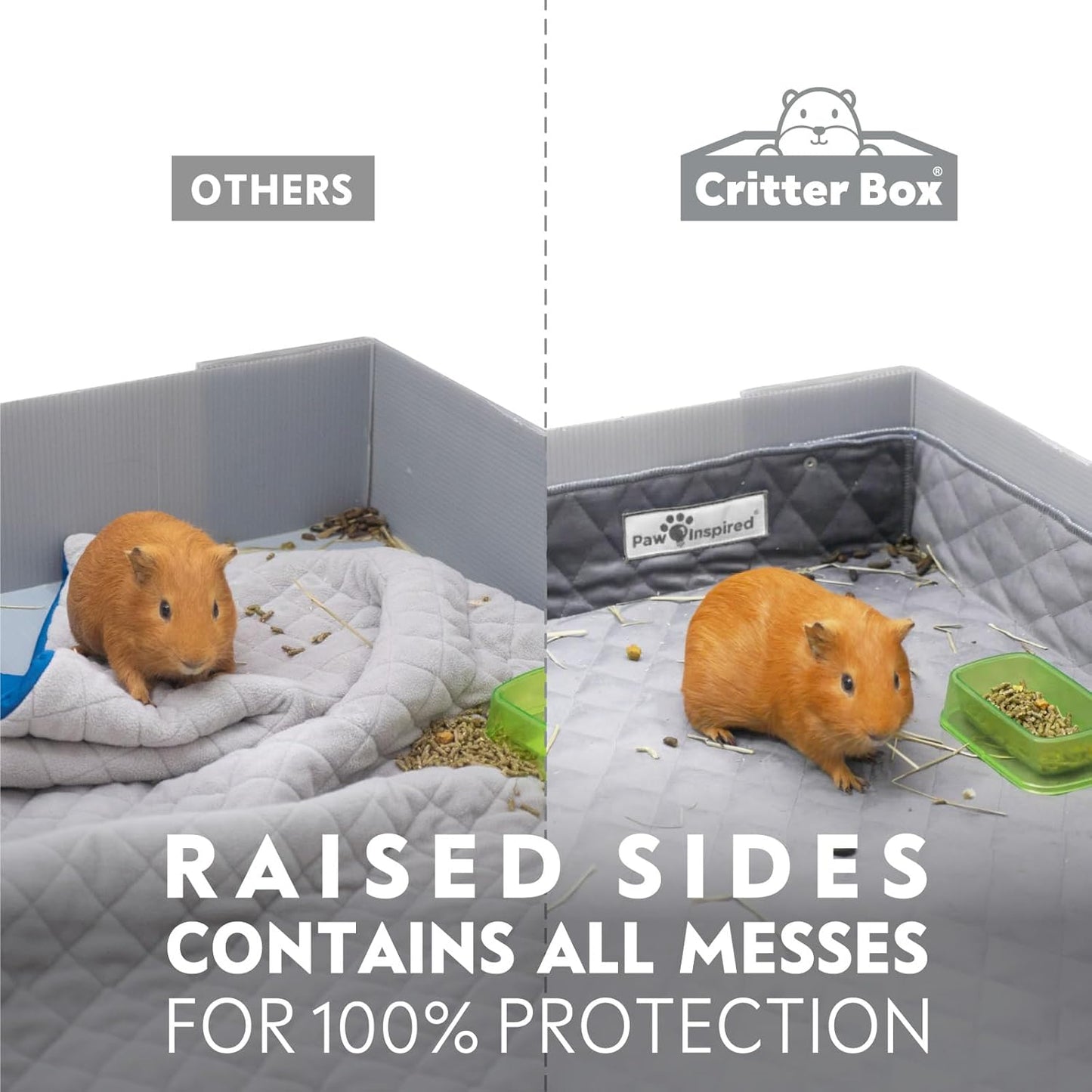 Paw Inspired Critter Box | Washable Guinea Pig Cage Liners with Raised Sides | Fleece Bedding for Guinea Pigs Rabbits, Hamsters, Small Animals | Edge Protected Pee Pads (C&C 2x5 (14" Grids))