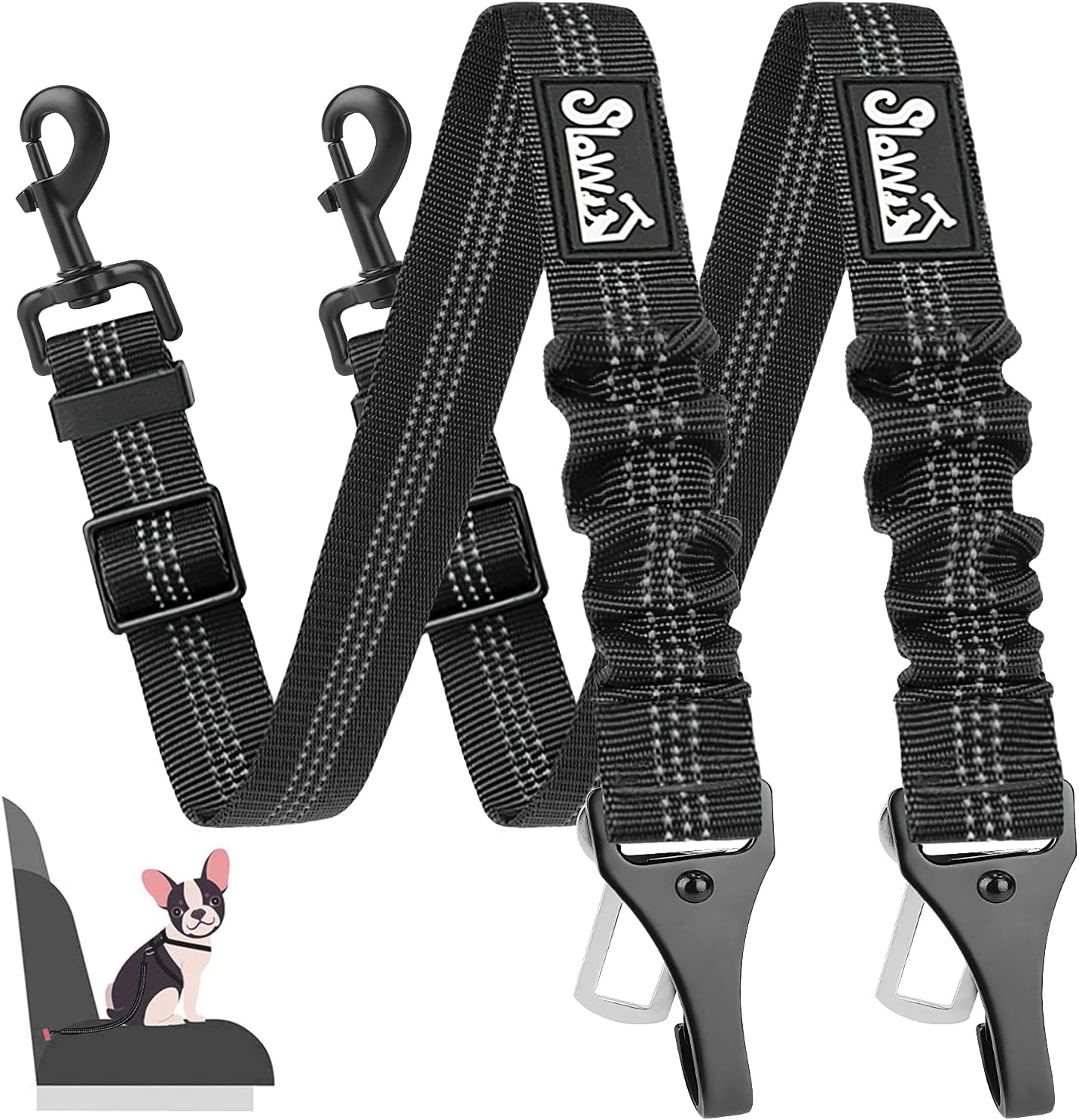 SlowTon Dog Seat Belt, Adjustable Dog Safety Belt Leash, 2 in 1 Latch Bar Attachment Dog Car Seatbelt with Elastic Nylon Bungee Buffer, Reflective Nylon Belt Tether Connect to Dog Harness (2Black)
