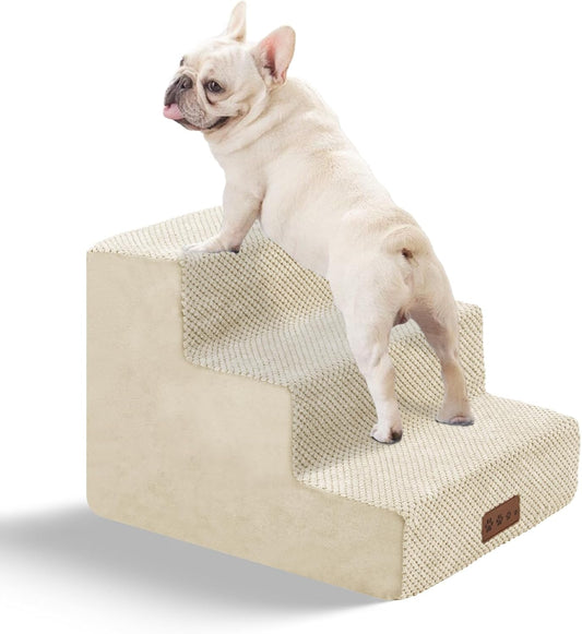 GGIB Dog Stairs for Small Dogs Pet Stairs for Sofa Couch Dog Ramp Pet Steps with Removable Washable Cover, Beige, 13" H, 3-Step