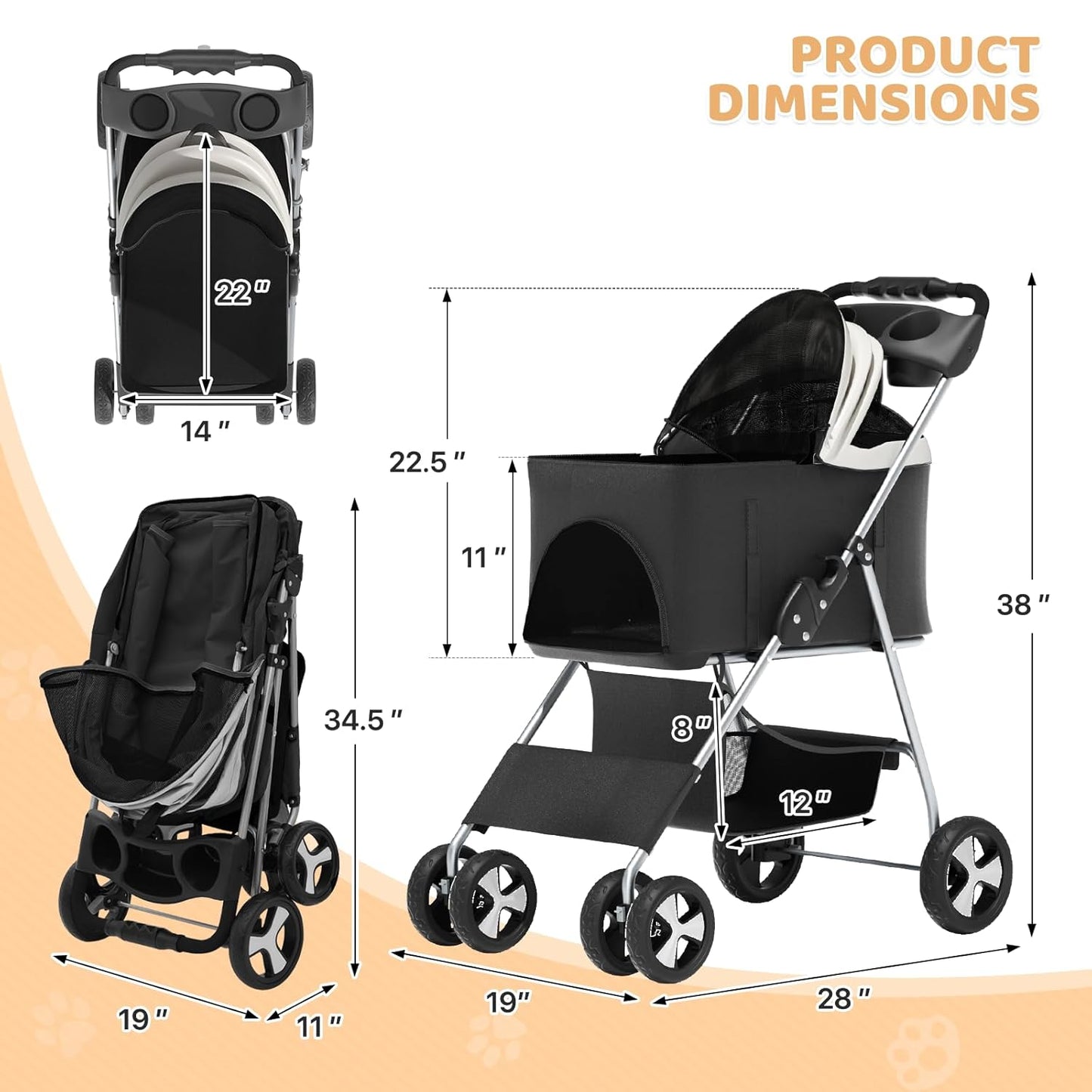 Magshion Foldable Pet Stroller, 3-in-1 Dog Travel Jogger with Detachable Carrier, Cup Holder, Storage Basket, Folding Carrier for Small/Medium Dogs & Cats Up to 33 lbs, Black