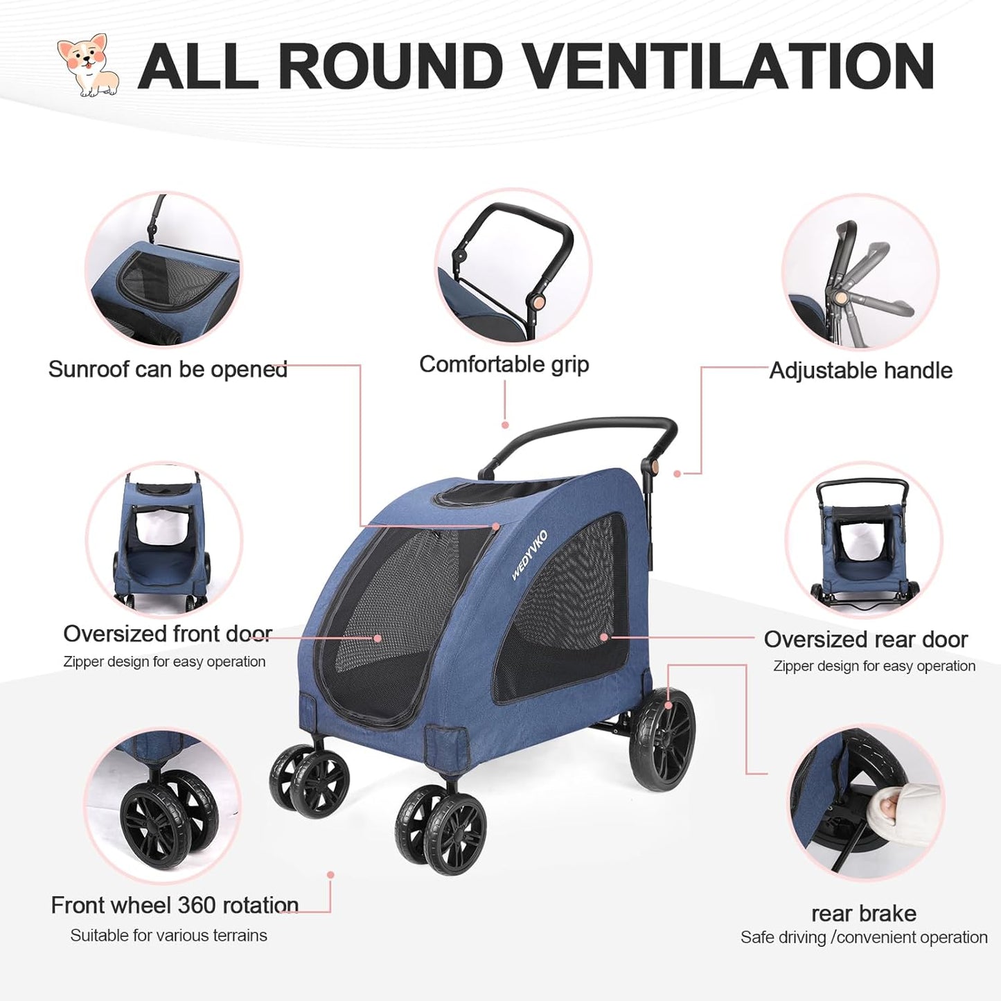 Large Dog Travel Stroller with 4 Heavy Duty Wheels Pet Stroller with Adjustable Handle - Double Doggie Capacity Jogger Wagon with Back Front Door for Small Medium Large Dogs (Navy)