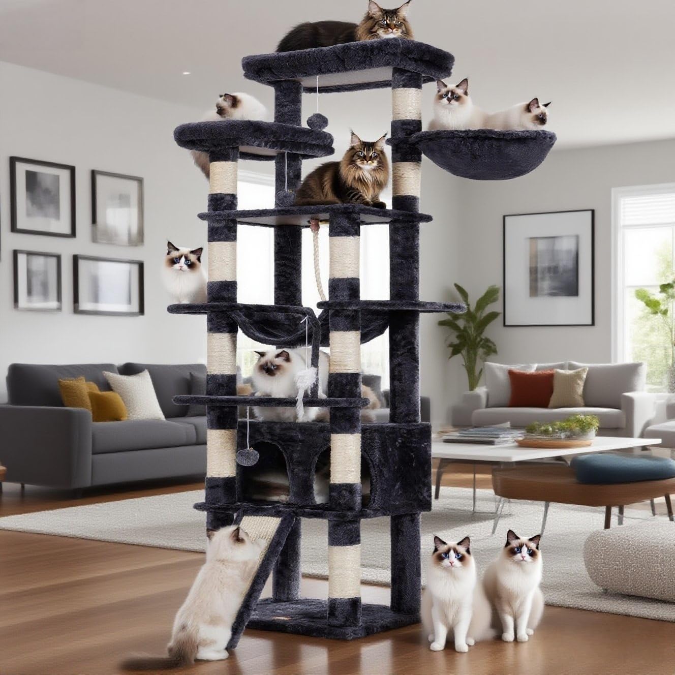 Heybly Tall Cat Tree, 78-inch Multi-Level Cat Tower for Indoor Cats, 2 Widened Plush Perches Cat Condo with Scratching Board and Big Caves, Smoky Gray HCT033G