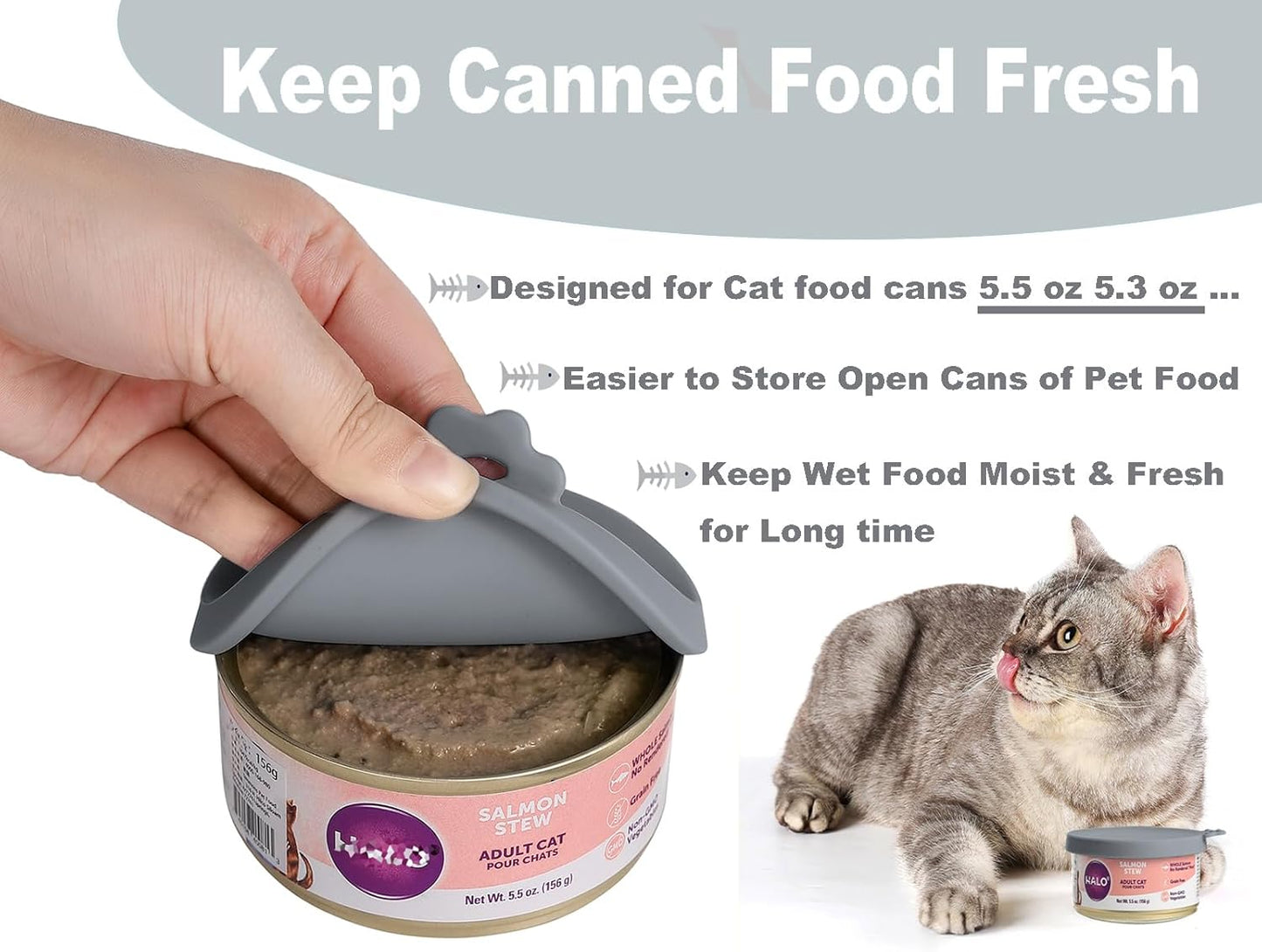 Comtim Cat Food Can Covers Lids for 5.5 oz Cans, 2 Pack Silicone Cat Food Can Lids for 5.5 oz 5.3 oz Cans...Pet Food Can Covers Reusable Can Toppers Savers for Wet Food (Grey)