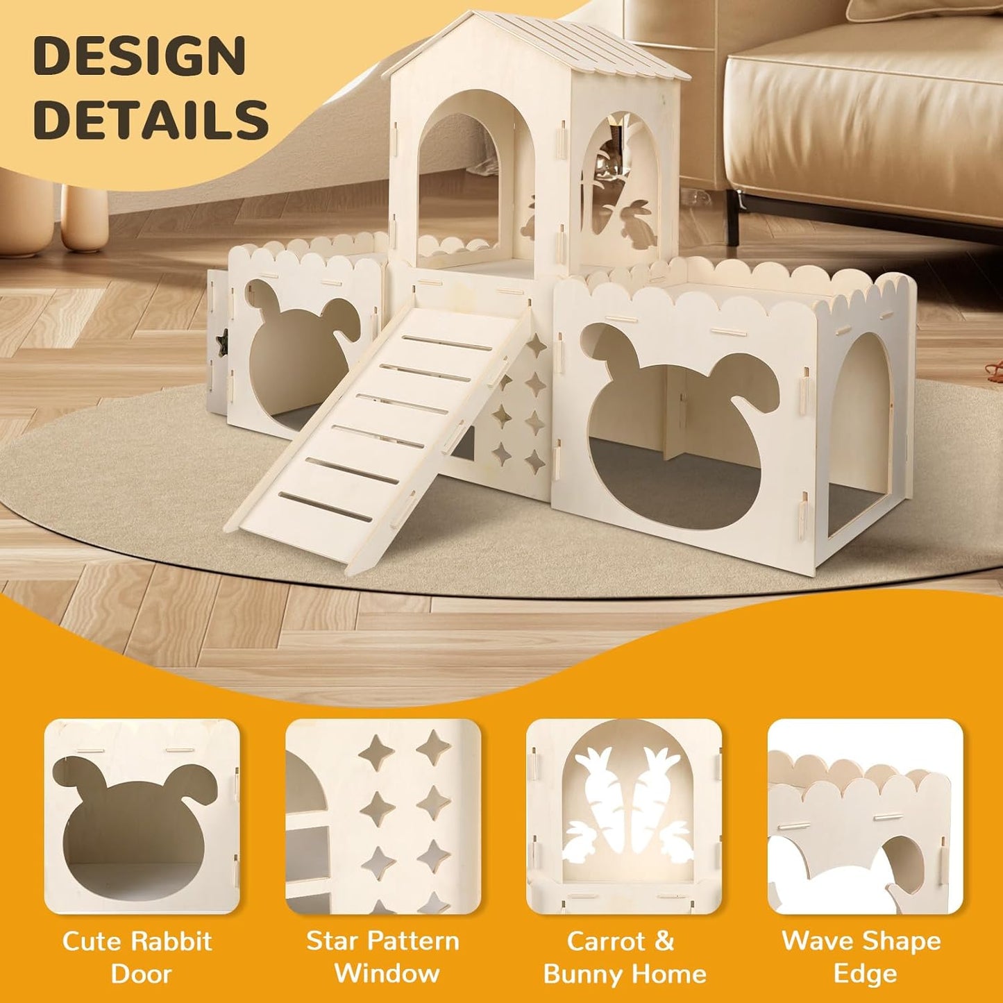 Large Rabbit Hideout Bunny Castle, Wooden Bunny House & Hay Feeder, Detachable Rabbit Hideaway, Indoor Rabbit Castle with Ramp, Small Animal Houses & Habitats