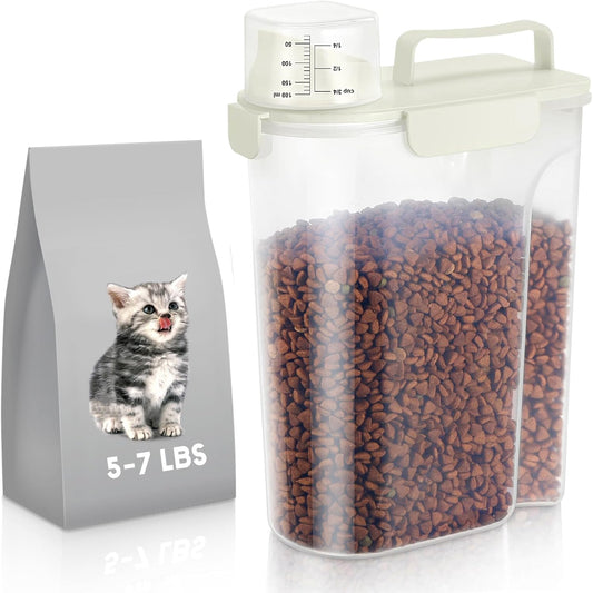 5Lbs Dog Cat Storage Container Portable with Upgraded Large Spout and Cup, Plastic Pet Food Dispenser for Small Animal Kibble, Bird Seed, Oatmeal, Rice, Flour, Brown Sugart -Elegant White