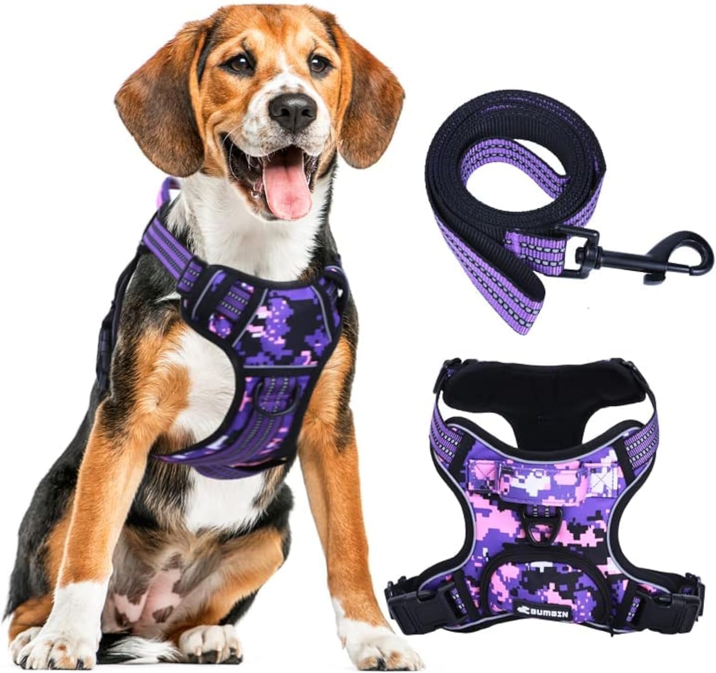No Pull Dog Harness for Large Dogs, Adjustable No Choke Pet Vest with Dog Leash Fit Smart Reflective Pet Walking Harness for Training Easy Control Soft Handle Purple Camo L