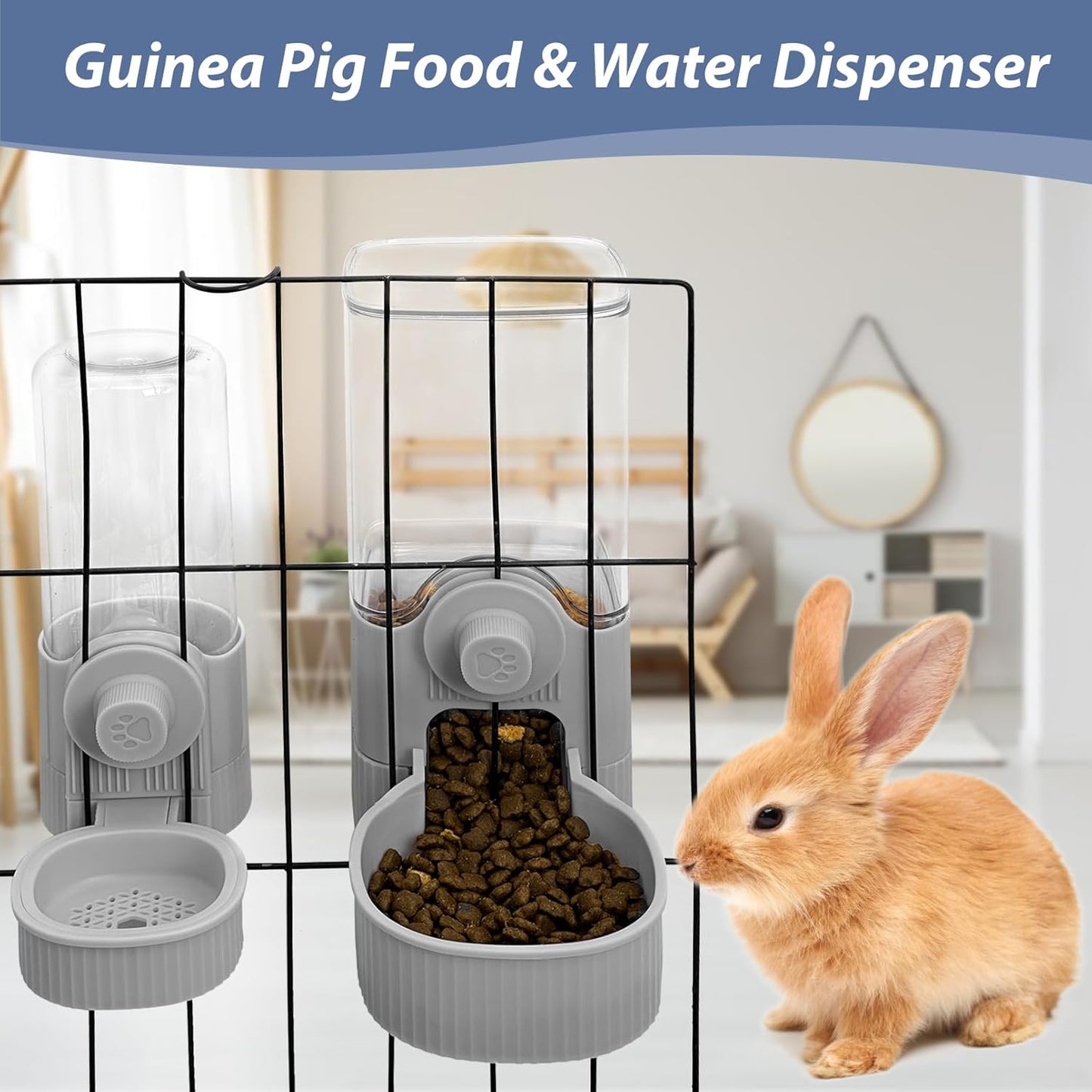 Fhiny Rabbit Food Dispenser, 40oz Large Capacity Hanging Gravity Bunny Feeder for Cage Automatic Guinea Pig Feeding Bowls Pet Food Storage for Bunny Guinea Pig Chinchilla Ferret Cat Puppy