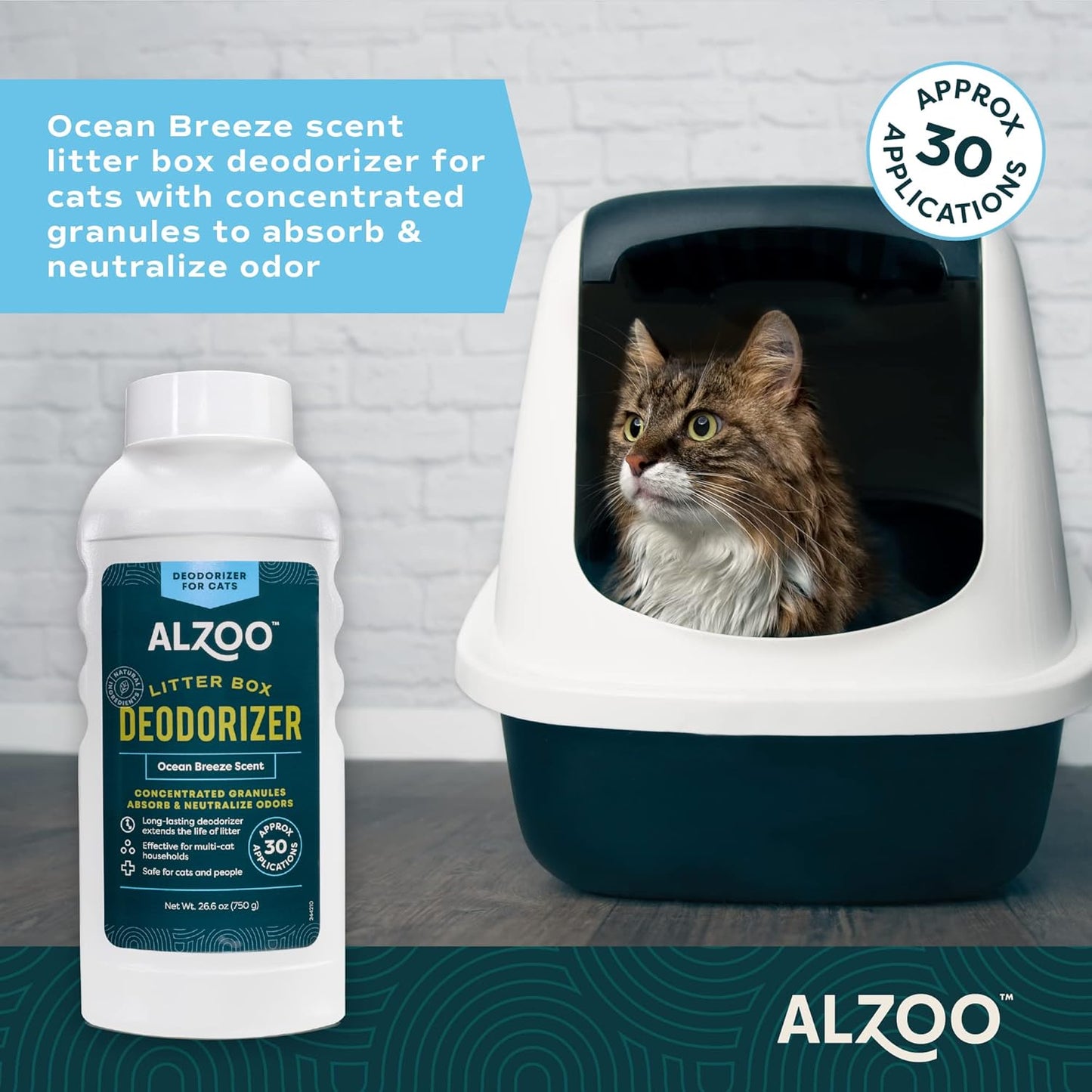 ALZOO Cat Litter Deodorizer, Concentrated Granules Absorb & Help Neutralize Odors, Mineral-Based Active Ingredients, Up To 30 Uses, Ocean Breeze Scent, 26.6 Oz., Pack of 2