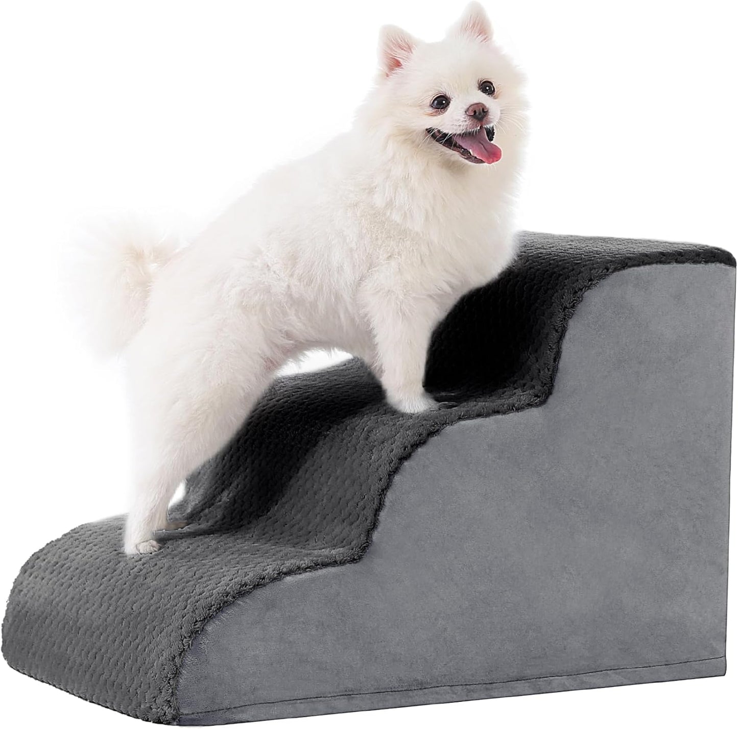 MIHIKK Dog Stairs Ramp, Curved 3-Step Dog Steps for Small Dogs and Cats, Pet Stairs for High Beds and Couch with Anti-Slip Washable Cover and Durable High Density Foam, Dark Grey