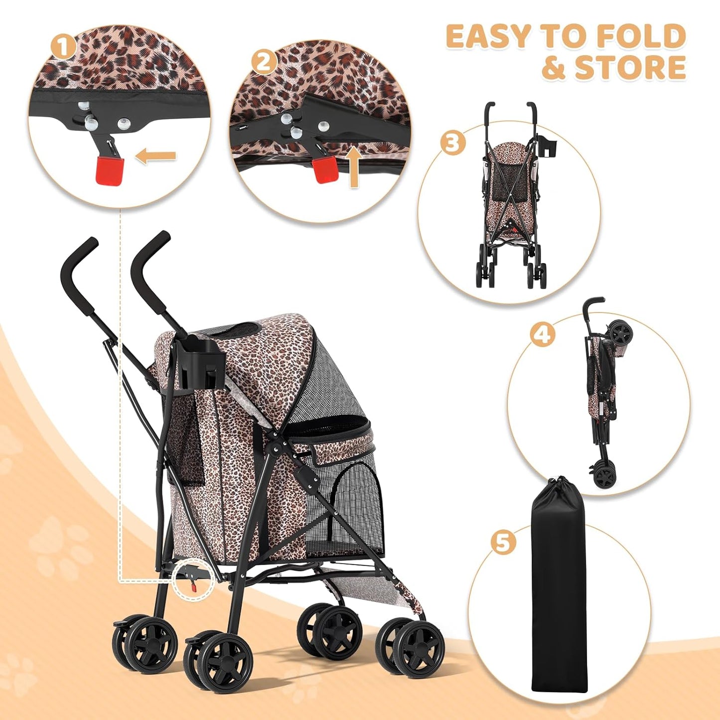 Magshion Compact Pet Stroller for Small-Medium Dogs/Cats up to 22lbs, 4-Wheel Lightweight Umbrella Shaped Portable Puppy Travel Jogger with Breathable Mesh, Cup Holder & Rear Storage, Leopard Print