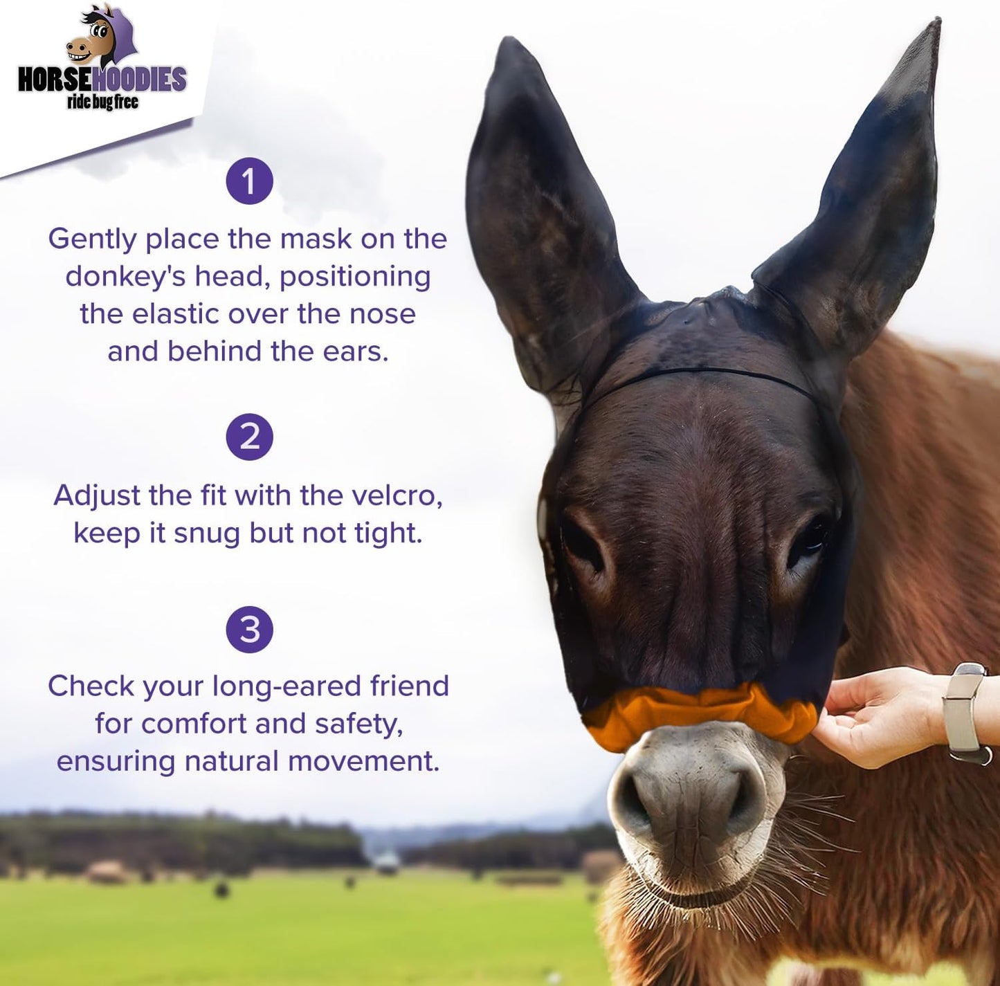 Donkey Fly Mask with Long Ears (Orange) Made in USA - Mule Fly Mask with Ears Protection from Insects and Bugs, Mini Donkey Soft Mesh Fabric with Adjustable Fastener, Face Cover Supplies for Donkeys