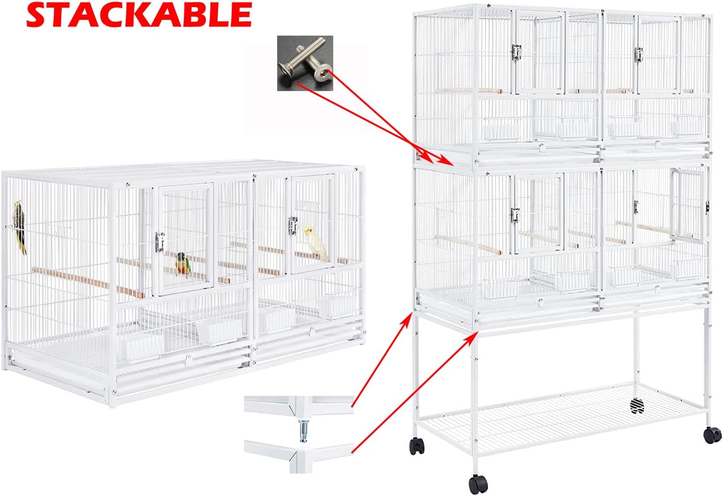 Single/Double/Triple Stackable Center Divided Breeder Breeding Bird Flight Double Rolling Cage for Aviaries Canaries Cockatiels Lovebirds Finches Budgies Small Parrots (White, Triple)