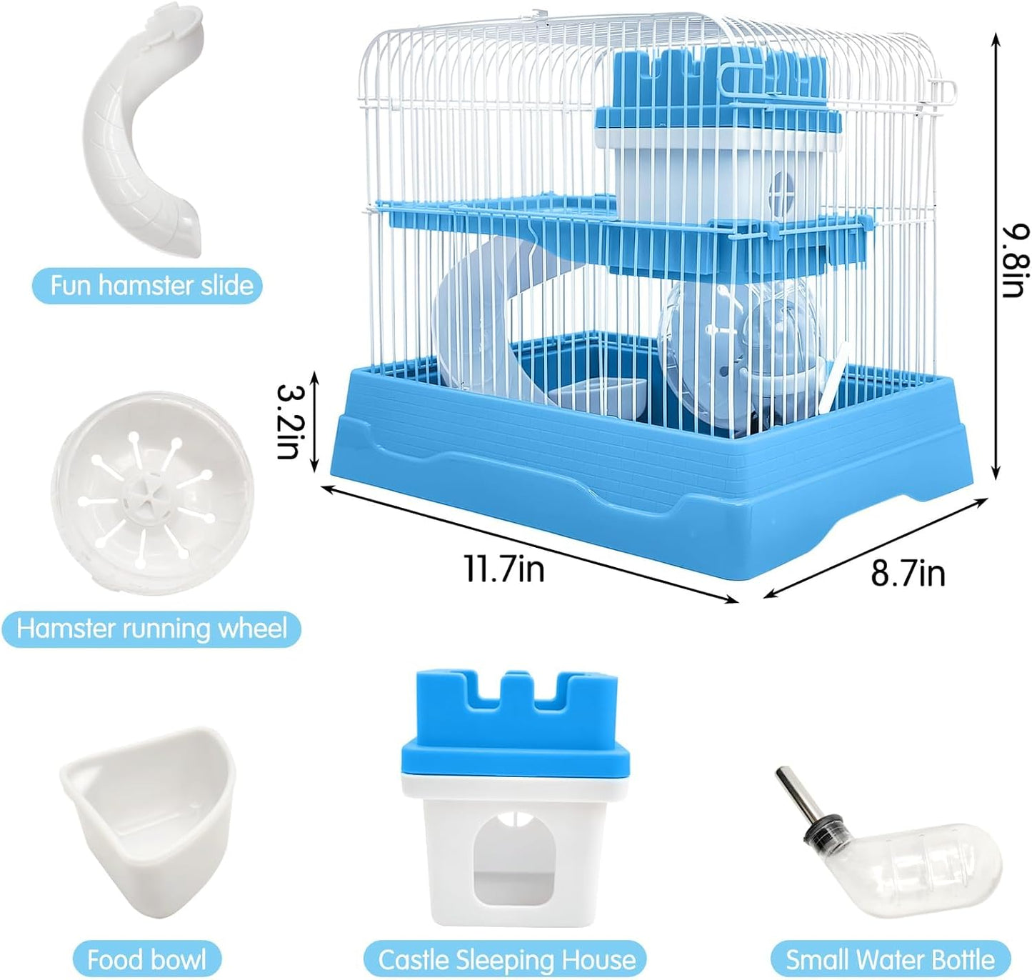 PINVNBY 2-Tier Dwarf Hamster Cage, Travel Portable Mouse Cage Gerbil Cages and Habitats Small Animal Carrier with Castle House Running Exercise Wheels, Water Bottle and Food Dish(Gray)