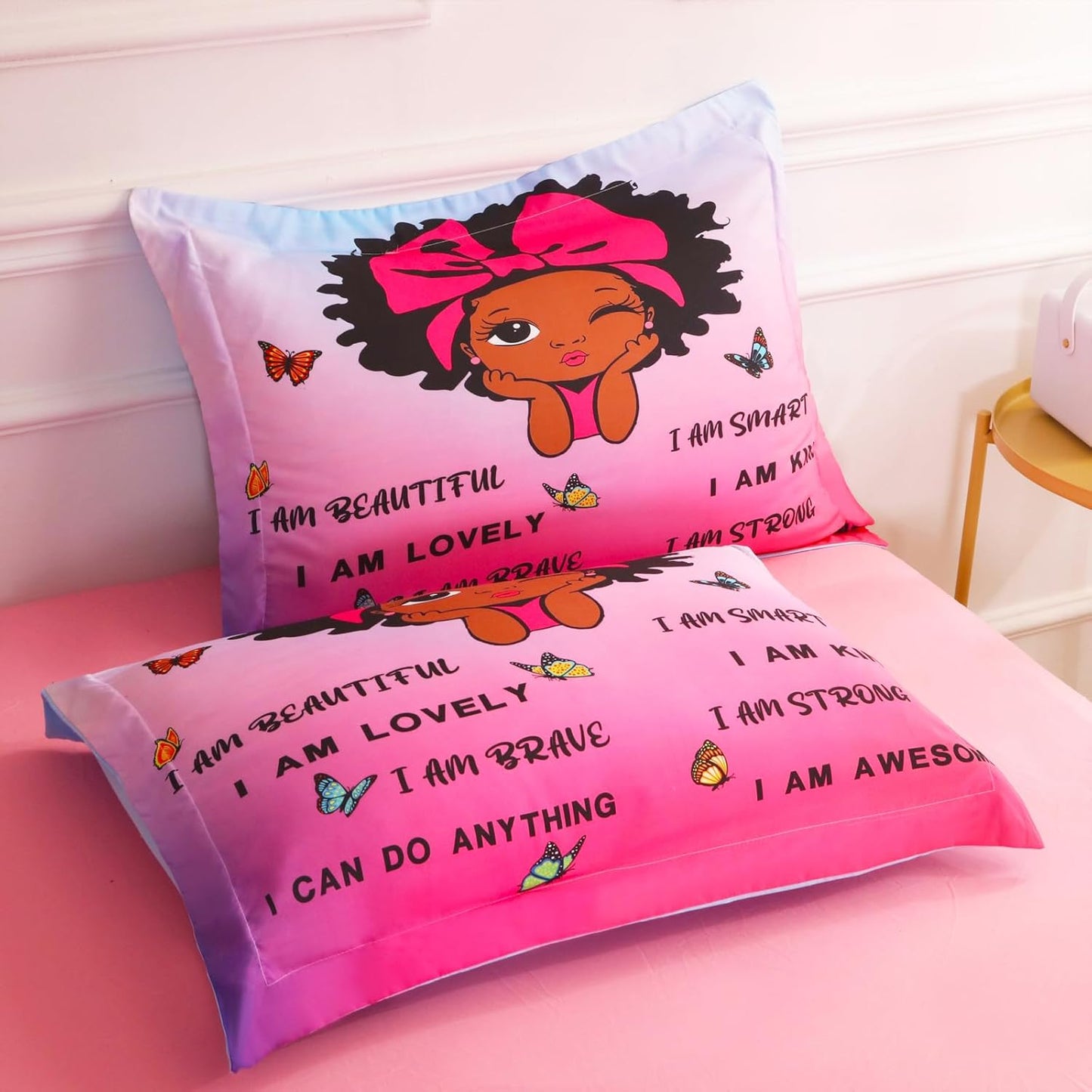 7 Piece Black Girls Magic Comforter Sets Full Size African American Girl Bedding Set Bed in A Bag for Girls Kids Teens Inspirational Quotes Pink Blue Quilts Room Decor