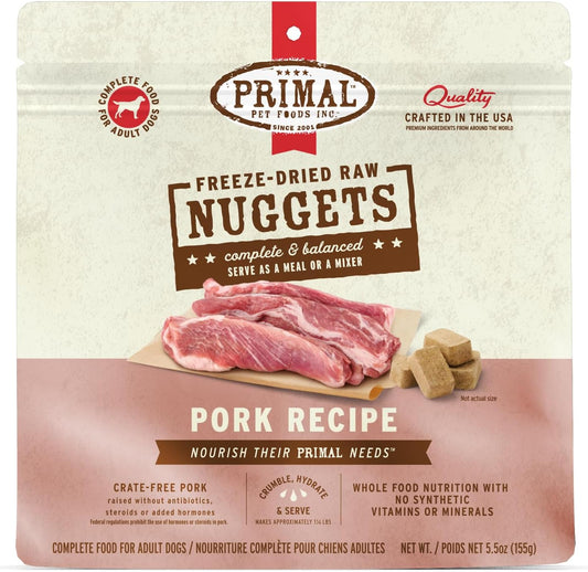 Primal Freeze Dried Raw Dog Food Nuggets, Pork, Complete & Balanced Meal, Also Use as Topper or Treat, Premium, Healthy, Grain Free, High Protein Raw Dog Food, 5.5 oz