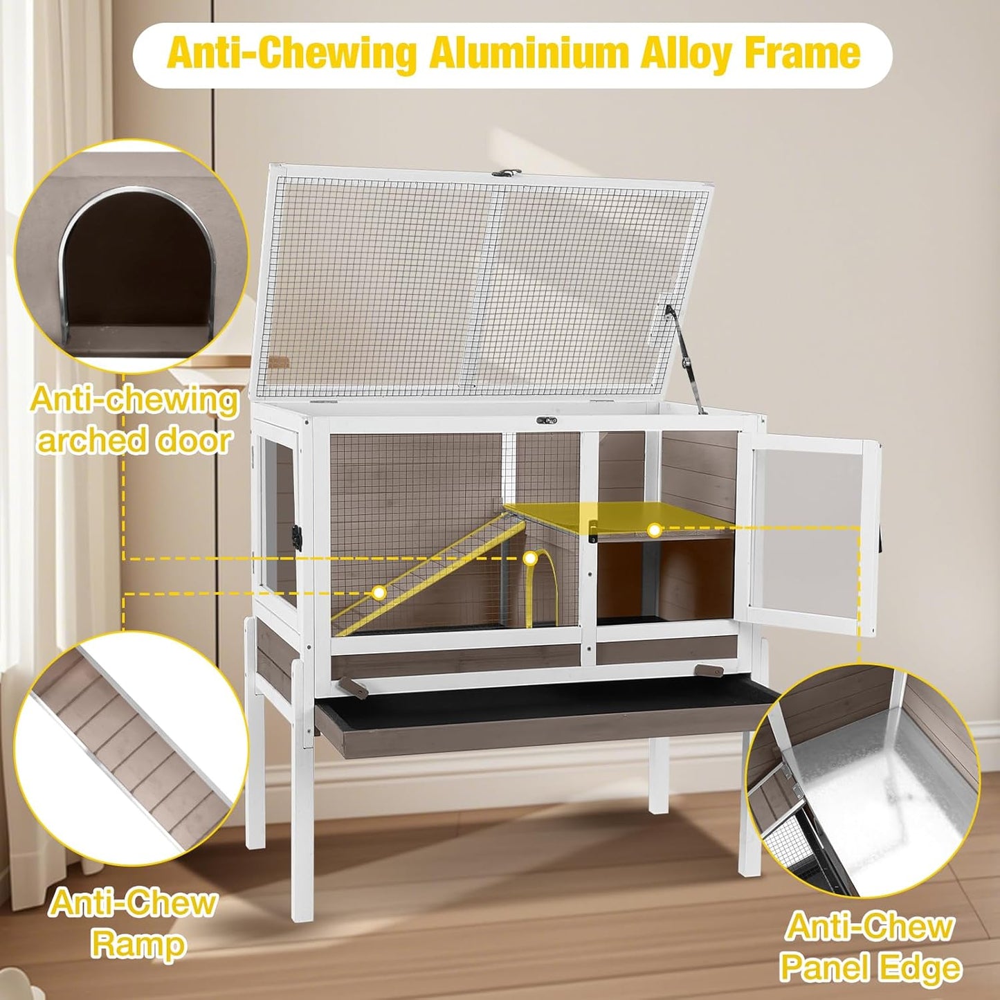 Aivituvin 2-Story Rabbit Hutch with Anti-Chew Ramp & Zinc Sheet - 36.6" Indoor Guinea Pig Cage, Wooden Stand, Pull-Out Tray & Leakproof Floor (Brown)