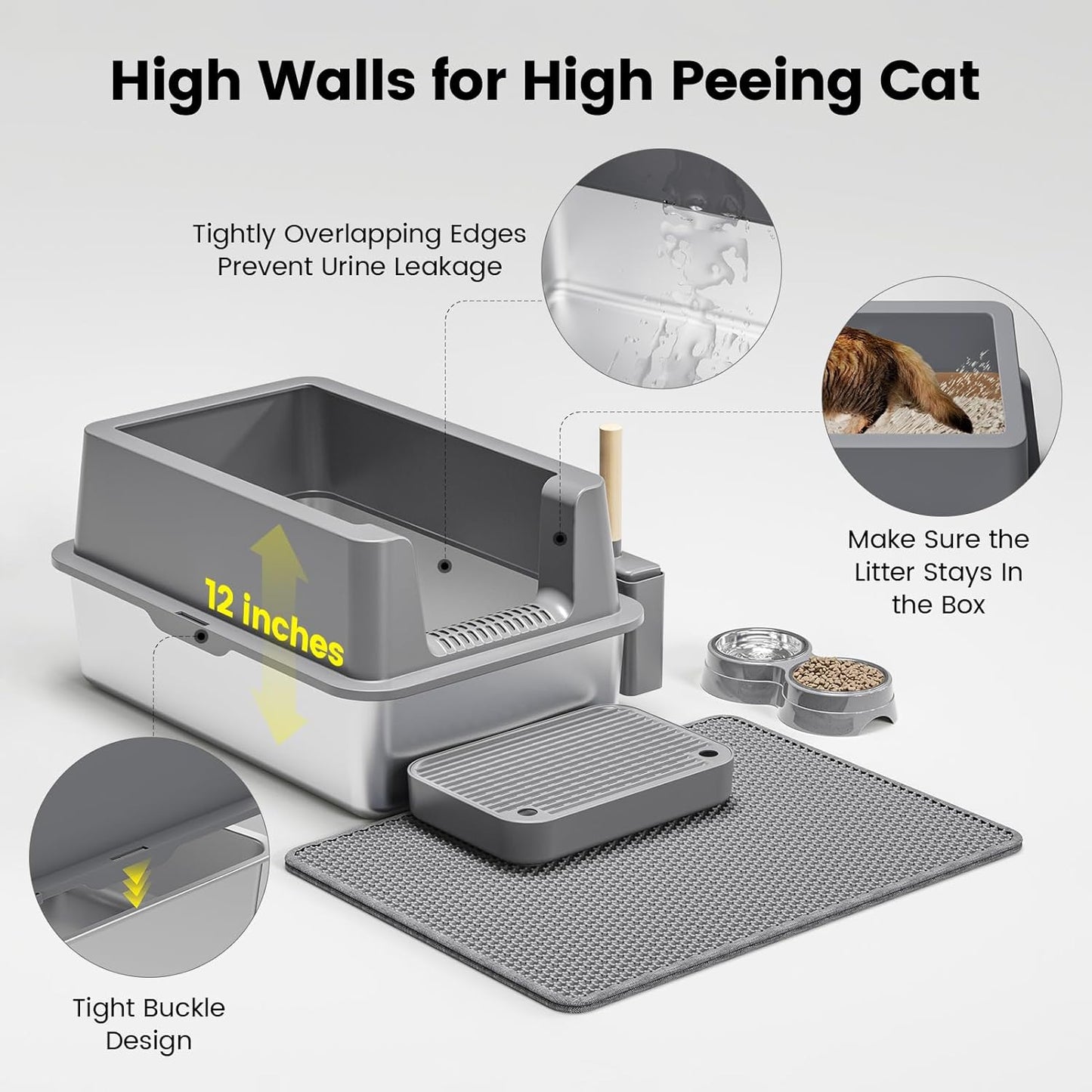 Stainless Steel Cat Litter Box - Enclosed XL Metal Kitty Litter Box with Lid for Big Cats, High Sided, Anti-Leakage, Easy Cleaning, Non-Sticky, Included Litter Mat, Cat Bowl & Spoon