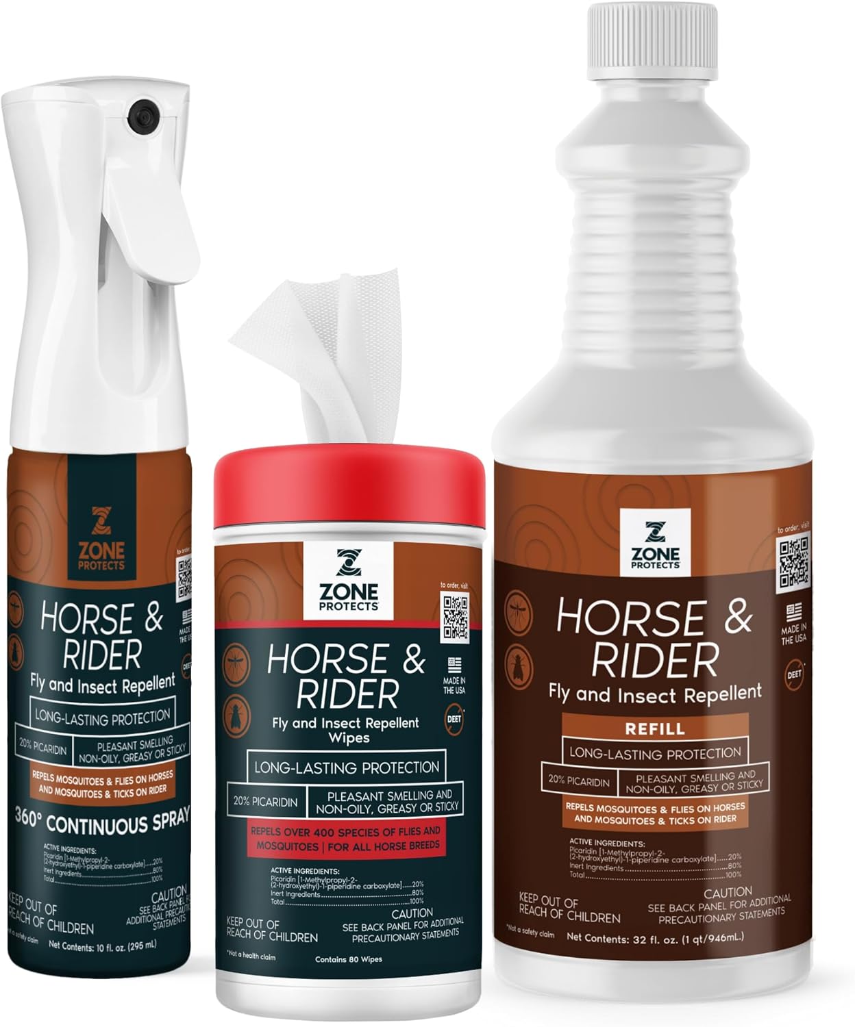 Horse & Rider Fly/Insect Repellent Starter Pack; Picaridin Based 10oz Continuous Spray, 32oz Refill, 80-Count Face/Ear Wipes