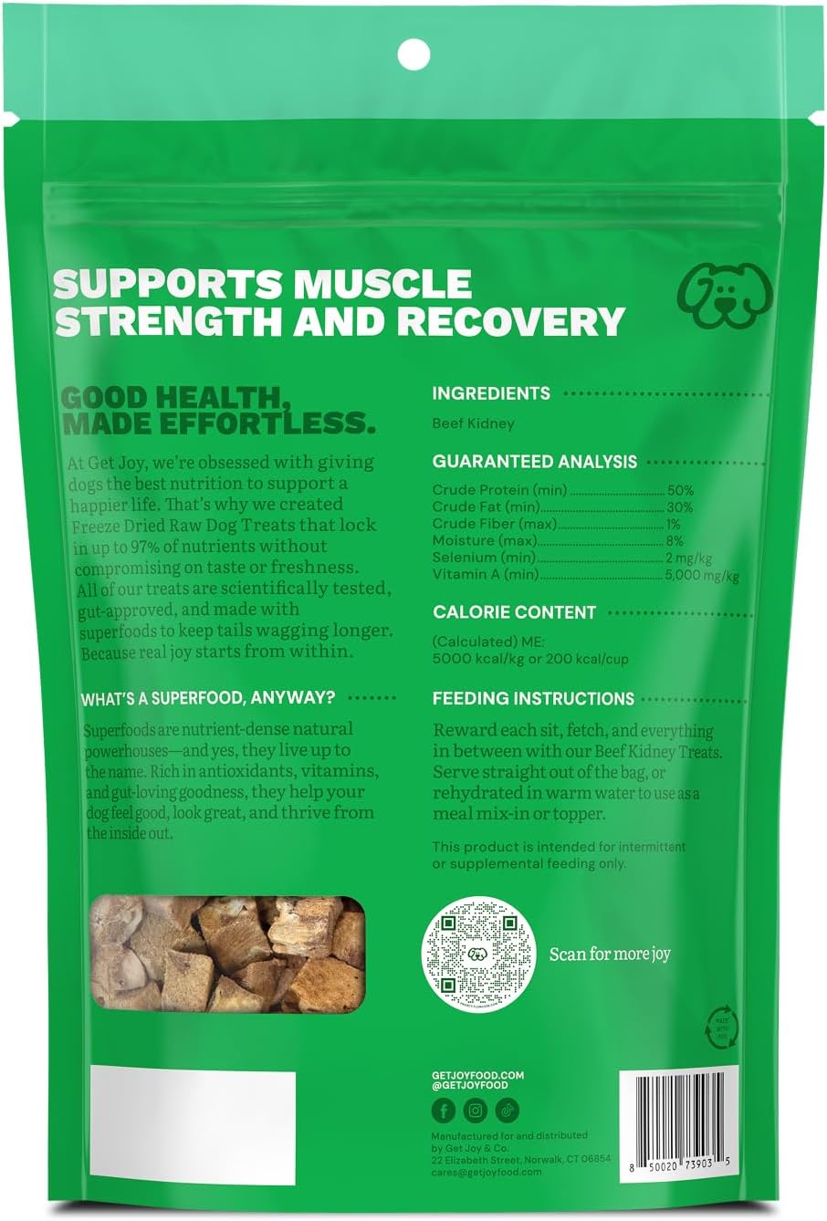 Get Joy Freeze Dried 100% Beef Kidney Dog Treats, 4oz | Single Ingredient Organ Meat, High Protein Raw Dog Food Topper, Snack & Training Rewards | Grain Free, Gluten Free, Filler Free