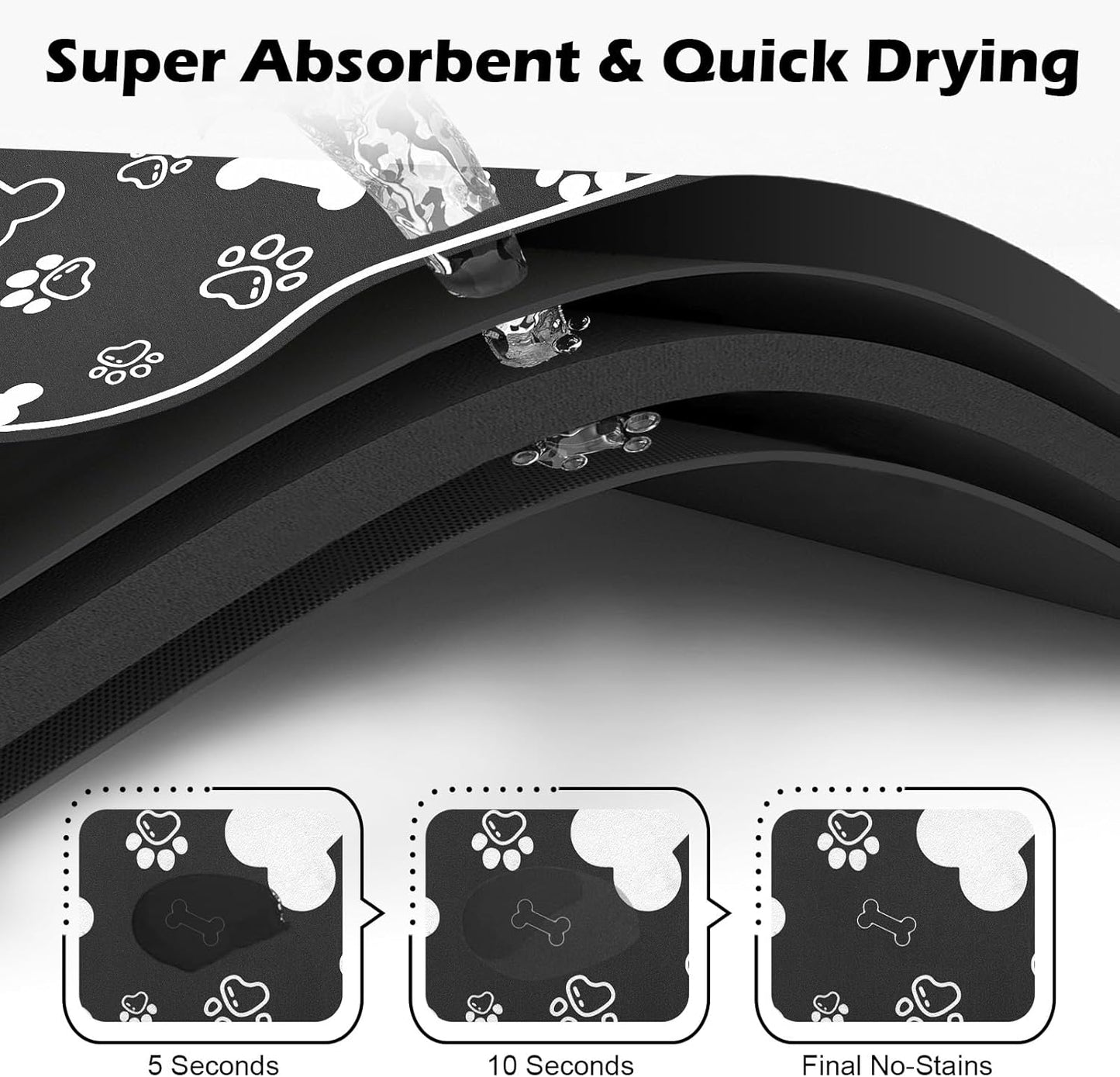 Dog Cat Food Mat,Rapid Absorbent Pet Feeding Mat, Bone Shaped Dog Placemat Water Bowl Mat with Rubber Backing,No Stains Dog Cat Food Mats Indoor, Pet Accessories Supplies 17"×29" Black