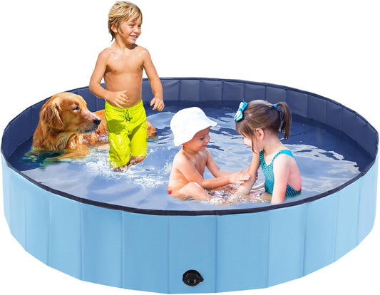 Foldable Dog Bath Swimming Pool Plastic Kiddie Pool Professional Tub Collapsible Grooming Bathtub for Pets Kids Baby and Toddler, 79 x 12 Inches Blue