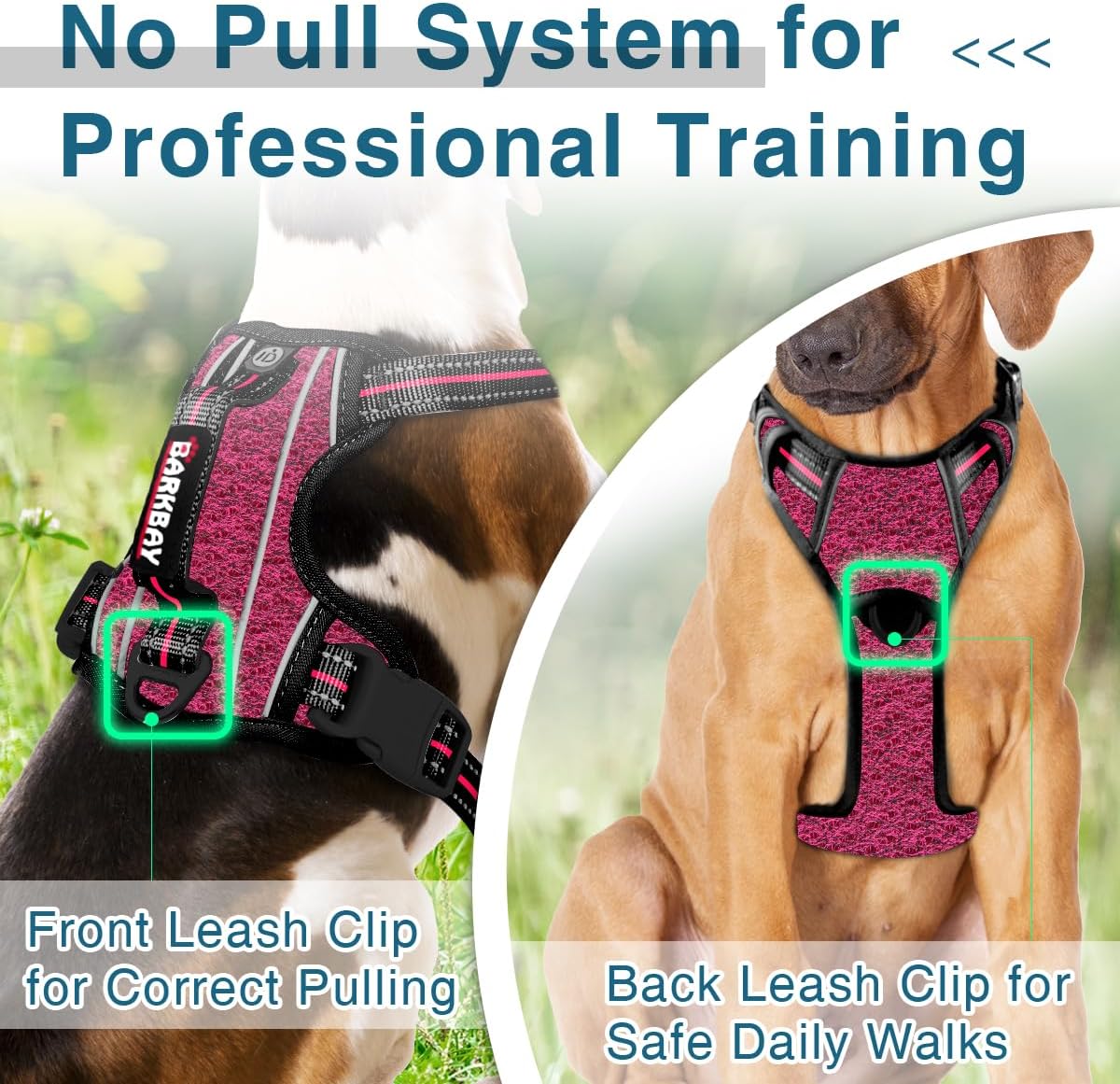 BARKBAY Dog Harness No Pull with ID Tag Pocket - Heavy Duty, Reflective, Easy Control for Large Dogs(Pink/Black,S)