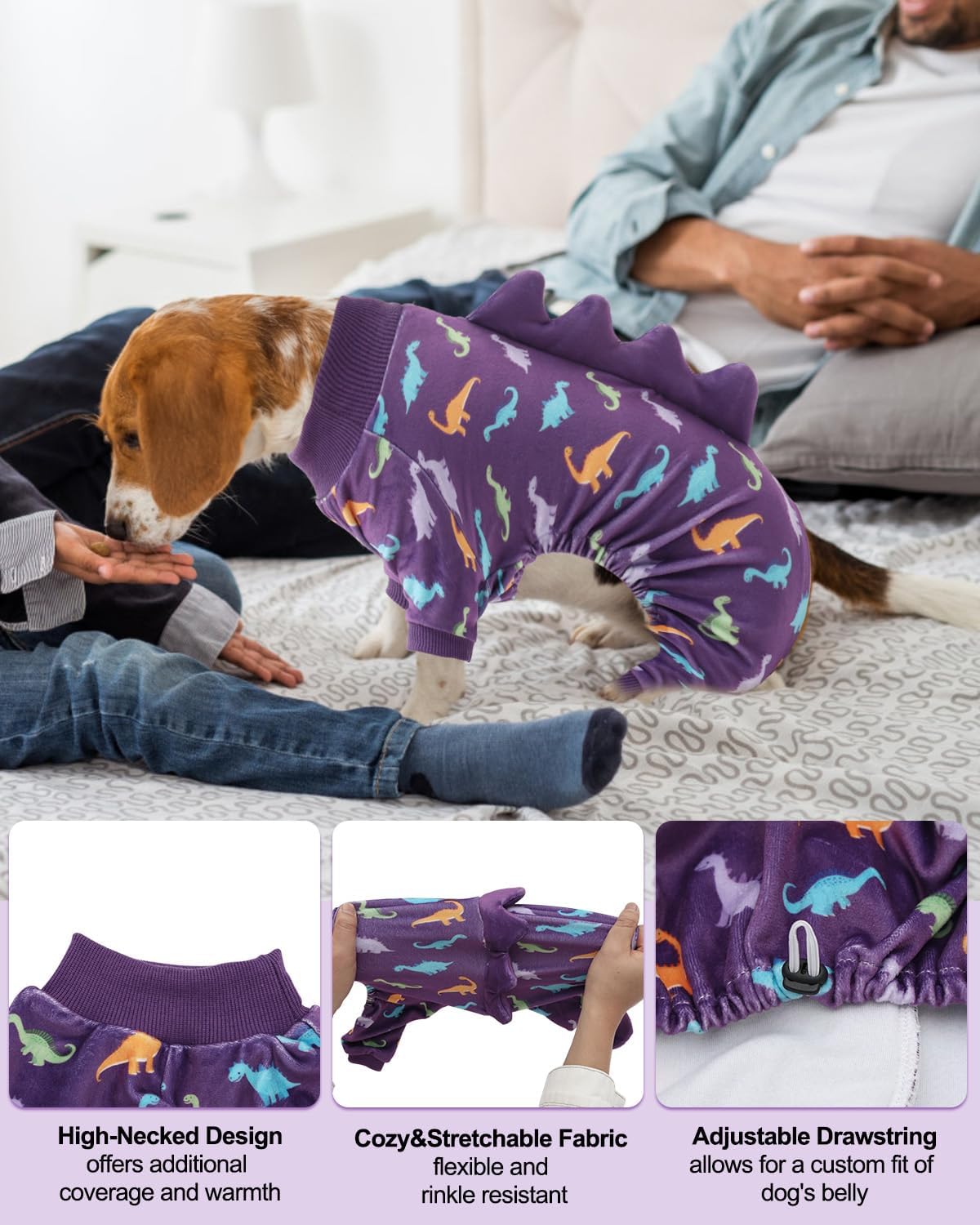 CuteBone Dinosaur Costume Dog Pajamas, Stretchy Spandex Crystal Velvet Sleepwear Coat for Small Dogs, Soft & Warm Pet Outfit Clothes for Cold Weather, Cozy Pullover Design COSP04XL