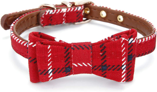 Puppy Collars for Small Dogs - StrawberryEC Adjustable Puppy Id Buckle Collar Leather. Cute Plaid Bandana Dog Collar (Bow-Red Grid)