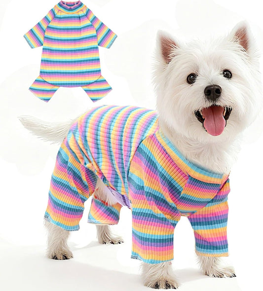 BAEJMJK Striped Dog Pajamas Stretchy Cute Four-Legged Boy Girl Dog Clothes with Sleeves Comfortable Dogs Jumpsuit Colorful Pet Puppy Outfits Apparel for Small Medium Dogs Cats(Pink,Pink,Medium)