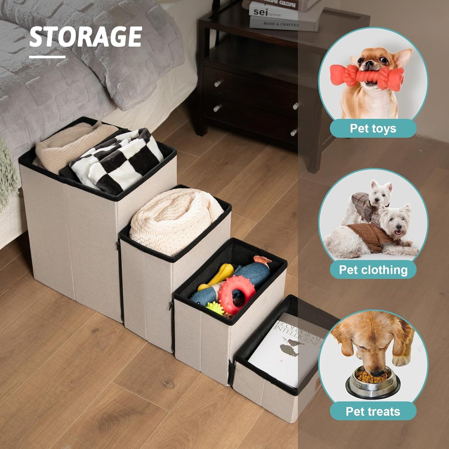 Dog Stair for Small Dogs with Storage, Foldable Pet Step with Soft Cover, Older Cat Ramp for Chair Couch Sofa, Lightweight, Durable, Comfort, 39.7x13x21.2 inch, 5 Tiers, Grey