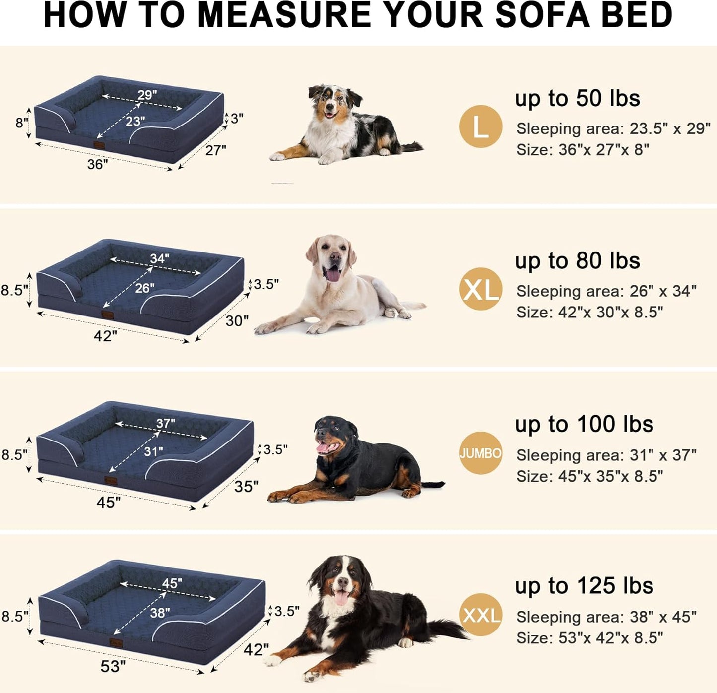 Orthopedic Waterproof Dog Bed for Extra Large Dogs, Memory Foam XL Dog Bed with Sides, Egg-Crate Foam and Non-Slip Bottom Jumbo Dogs Couch Beds with Washable Removable Cover(Jumbo,Navy Blue)