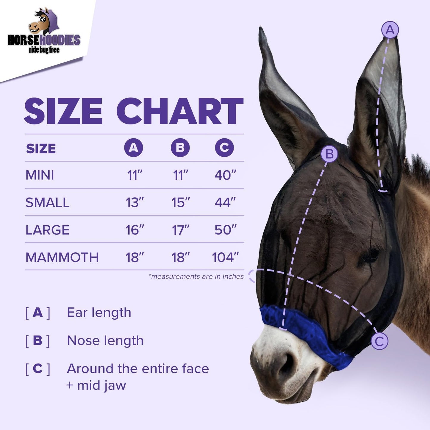 Donkey Fly Mask with Long Ears (Black) Made in USA - Mule Fly Mask with Ears Protection from Insects and Bugs, Mini Donkey Soft Mesh Fabric with Adjustable Fastener, Face Cover Supplies for Donkeys