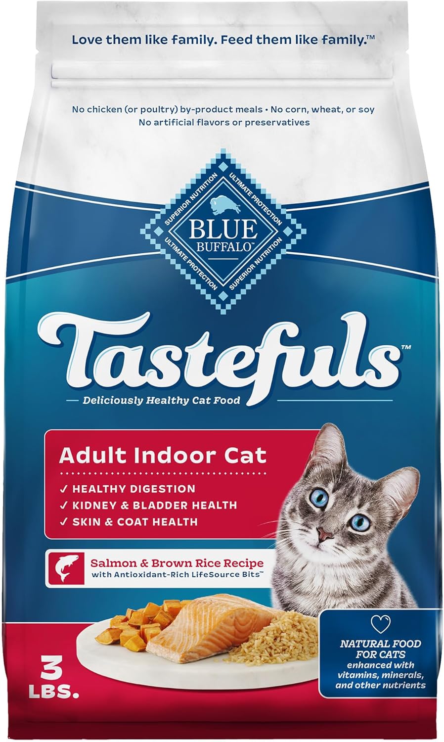 Blue Buffalo Tastefuls Natural Dry Food for Adult Indoor Cats, Salmon & Brown Rice Recipe, 3-lb. Bag