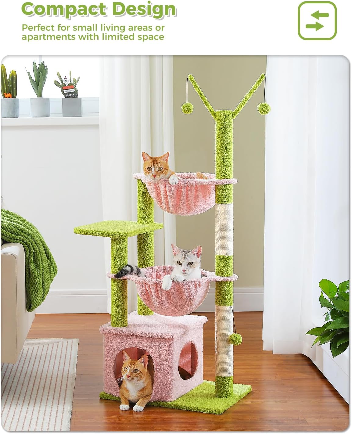 Pink Cat Tree, 47.6" Cat Tower with 2 Metal Frame Hammock, Cat Scratching Post for Indoor Cats with 2 Removable Pompom Sticks for Kittens, Pink
