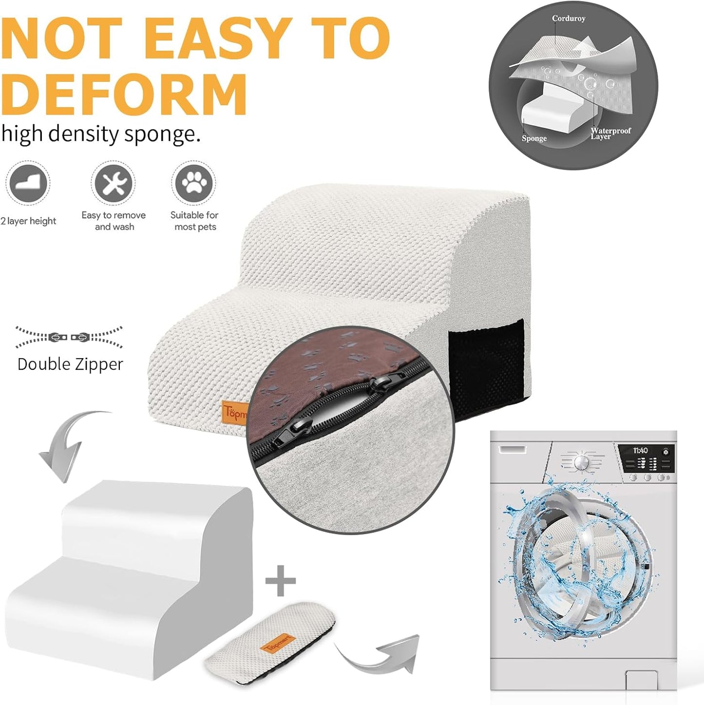 Topmart High Density Foam Pet Steps 2 Tiers,11.8" High,Non-Slip Dog Stairs,Soft Foam Dog Ramp Ladder,Best for Injured,Older Cats,Pets with Joint Pain,Suitable for Low Sofas,Stairs,Lower Place