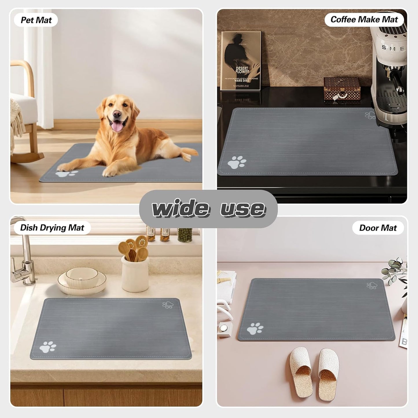 Le courant Dog Cat Feeding Mat,Rapid Absorbent Pet Mat, Bone Shaped Placemat Water Bowl Mat with Rubber Backing,No Stains Cat Mats Indoor, Pet Accessories Supplies,Grey.Dog Paw