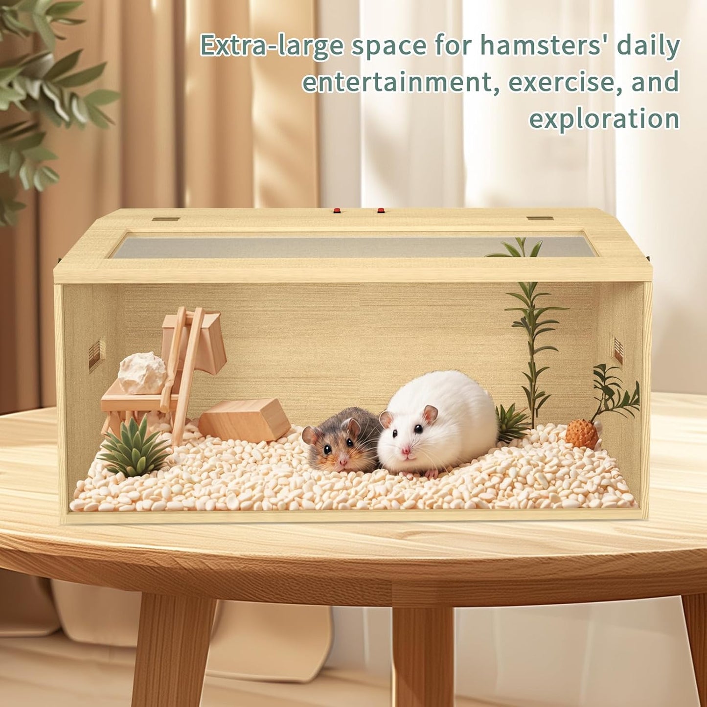 32" Hamster Habitat Enclosure, Top Opening Lockable Roof Door, Gerbil Dwarf Hamster Cage with Hygrometer, Chewproof Syrian Hamster Cage for Mice, Small Animal, (Wooden, 32" L x 16" W x 16" H)