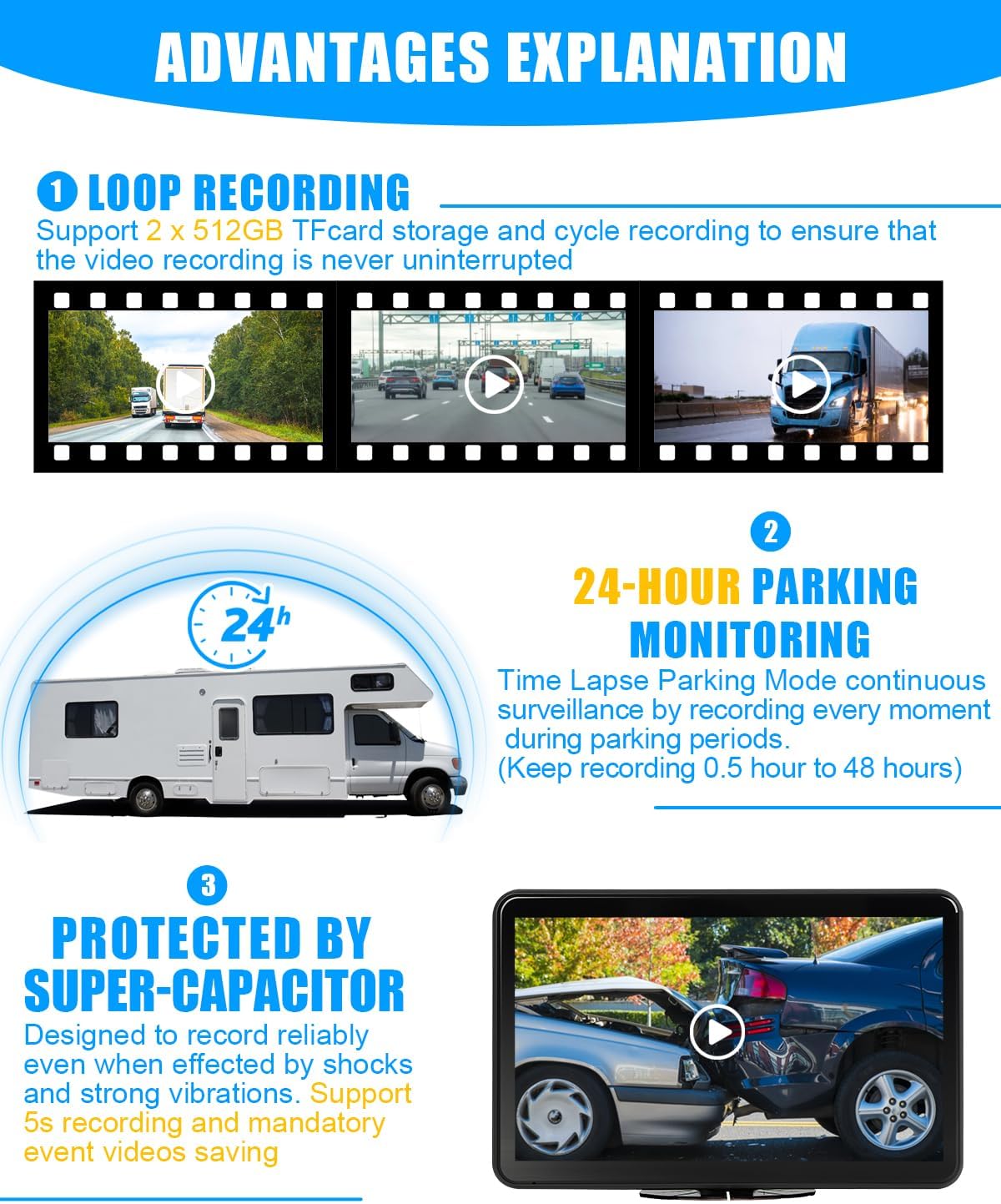 4CH 10.1 inch AI WiFi GPS RV Backup Camera Monitor System with Touch Screen and 4x1080P Waterproof Night Vision Cameras, Blind Spot Detection DVR Video Recorder for Truck Trailer Semi Camper Van Taxi
