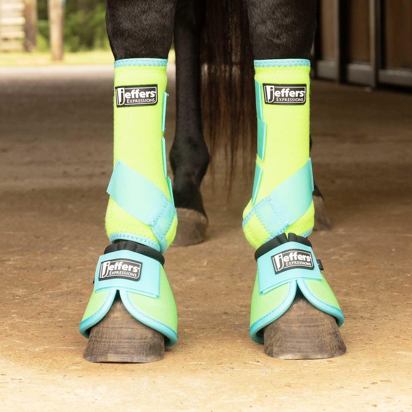 Jeffers Equine Neon Horse Boots – 1 Pair – Lime and Turquoise – Small Size – Breathable Neoprene, Secure Strap Closures – Durable Protection for Front & Hind Legs, Training, Trail & Riding Use
