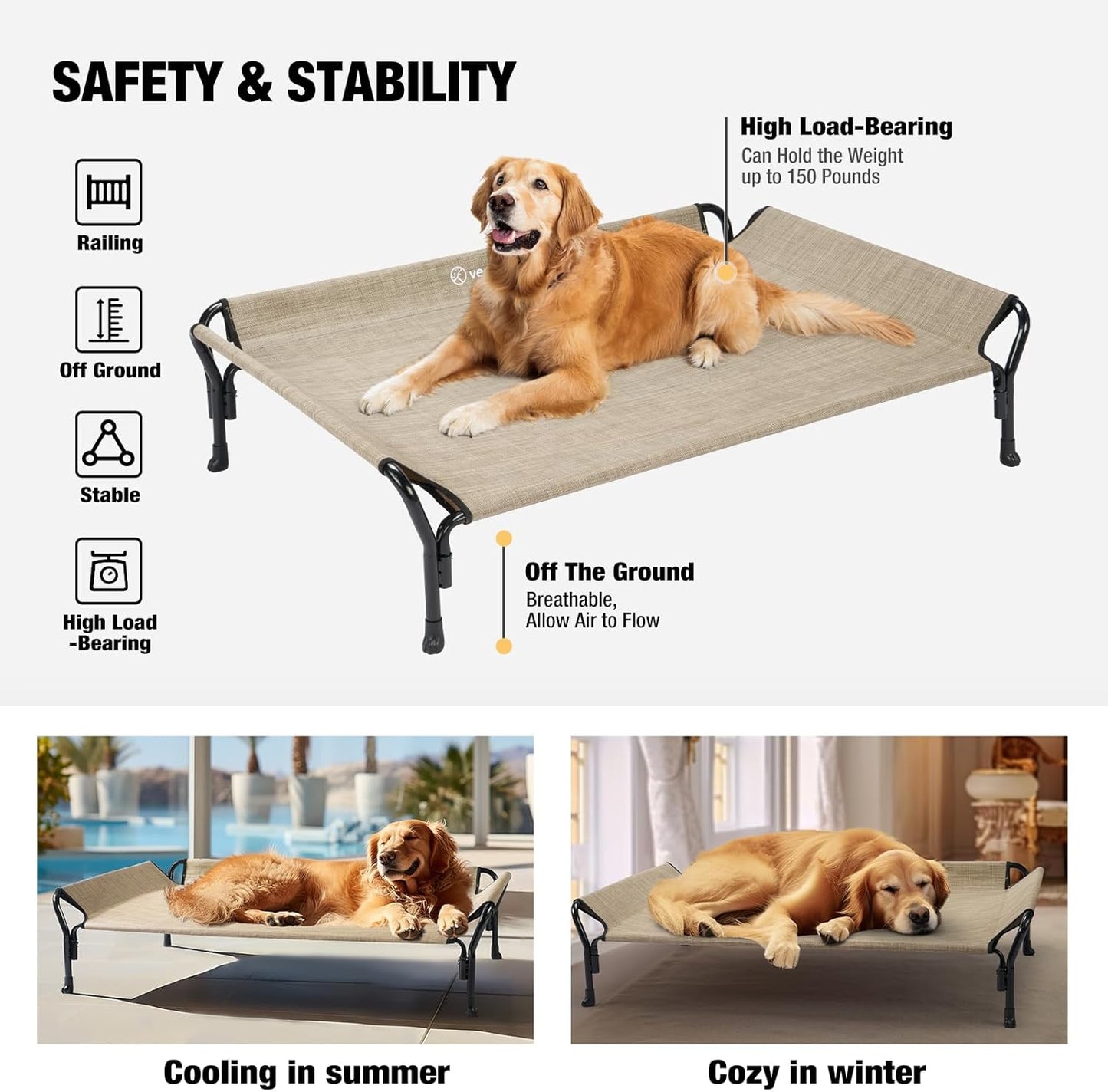 Veehoo Cooling Elevated Dog Bed, Raised Pet Cot with Guardrail & Slope Headrest, Durable Breathable Teslin Mesh, Non-Slip Feet, Washable Dog Couch Bed for Indoor & Outdoor, 47" x 32", Beige Coffee