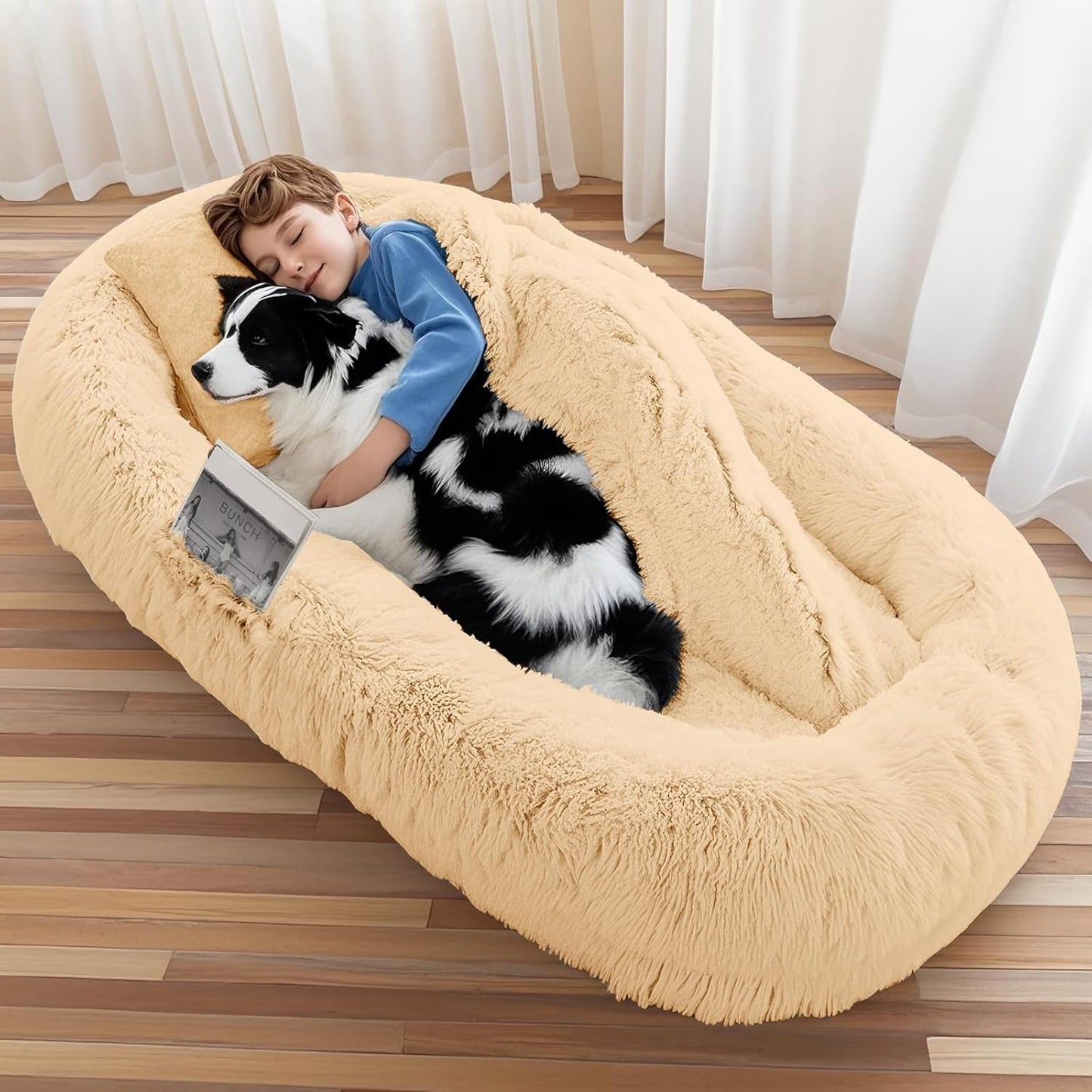 Human Dog Bed for Adults & Pets, 63"x32"x10" XL Faux Fur Nap Bed with Pillow, Blanket & Strap, Orthopedic Washable Lounger for Sleeping, Relaxing, Cuddling – Beige