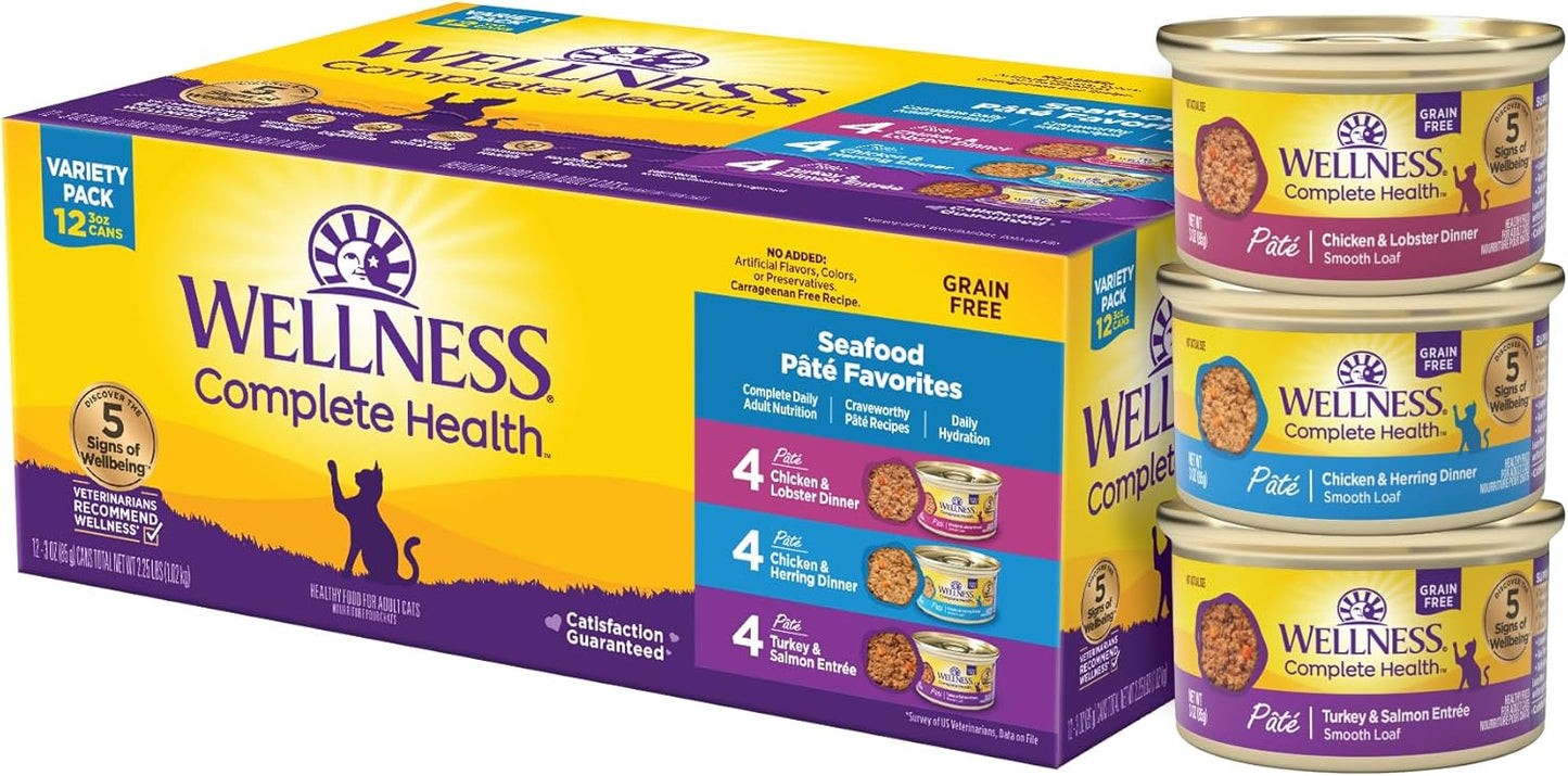 Wellness Complete Health Pate Adult Wet Cat Food, Natural, Protein-Rich, Grain-Free, 3 Ounce, 12 Pack, (Seafood Variety Pack)