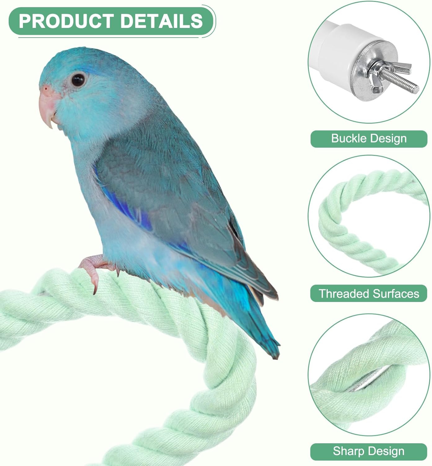 2-Pack Rope Perches for Bird Cages, 31.5 in Length Comfort Grip Flexible Rope Perch Beak & Paw Grinding for Parrots/Cockatiels/Parakeets, Bird Platform Sand [Cyan]
