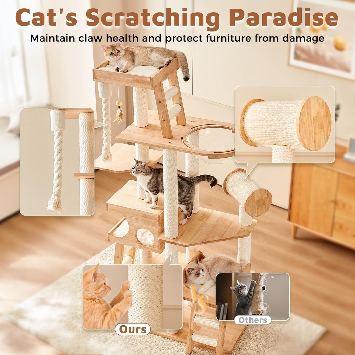 Wood Cat Tree for Indoor Cats, Modern Cat Tower, Unique Cat Condo with House, Tall Luxury Furniture with Heavy Duty Wide Base, Kraft Paper Rope Scratching Post, Removable Cushion (74.8-inch)