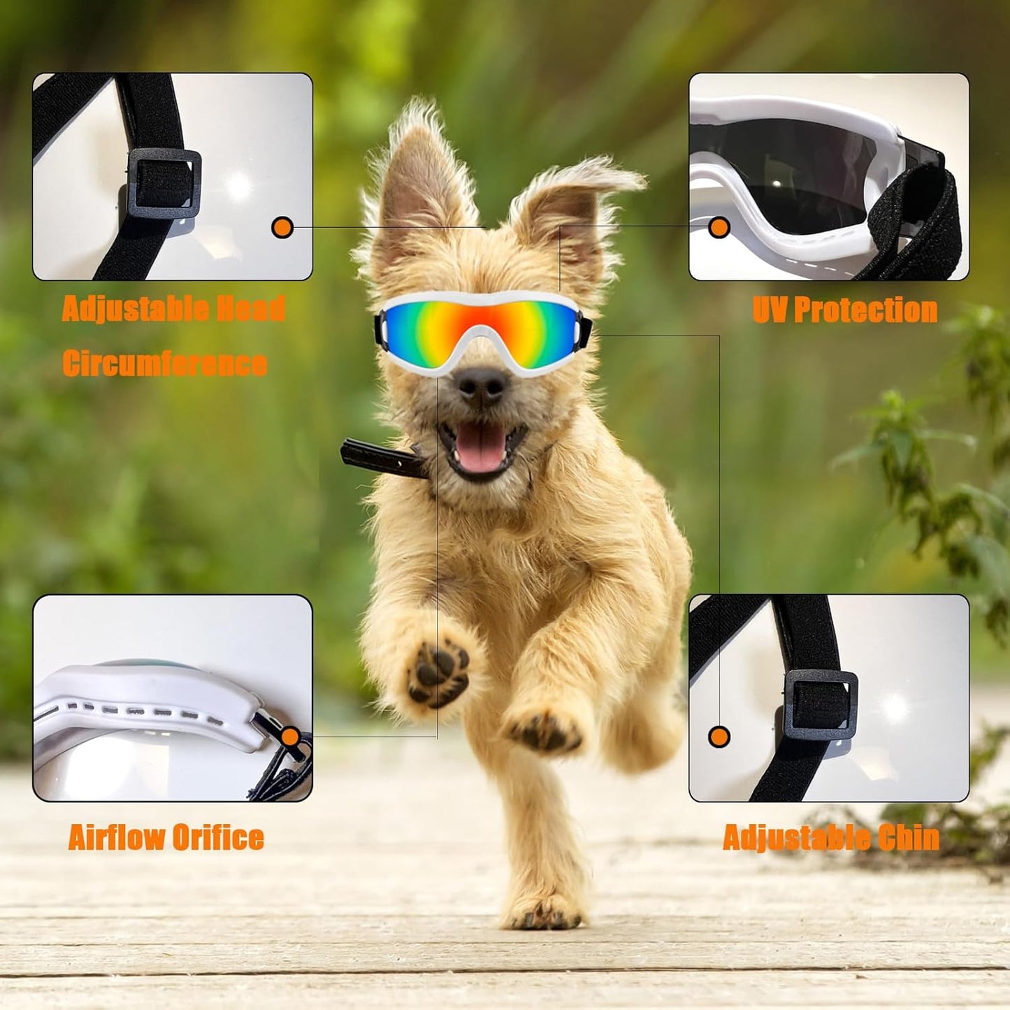 Dog Goggles Small Breed Dog Sunglasses with Adjustable for UV Protection Eyewear Doggy Doggie Puppy Glasses Anti-Fog Wind Dust Snowproof (White Frame Red Lens)
